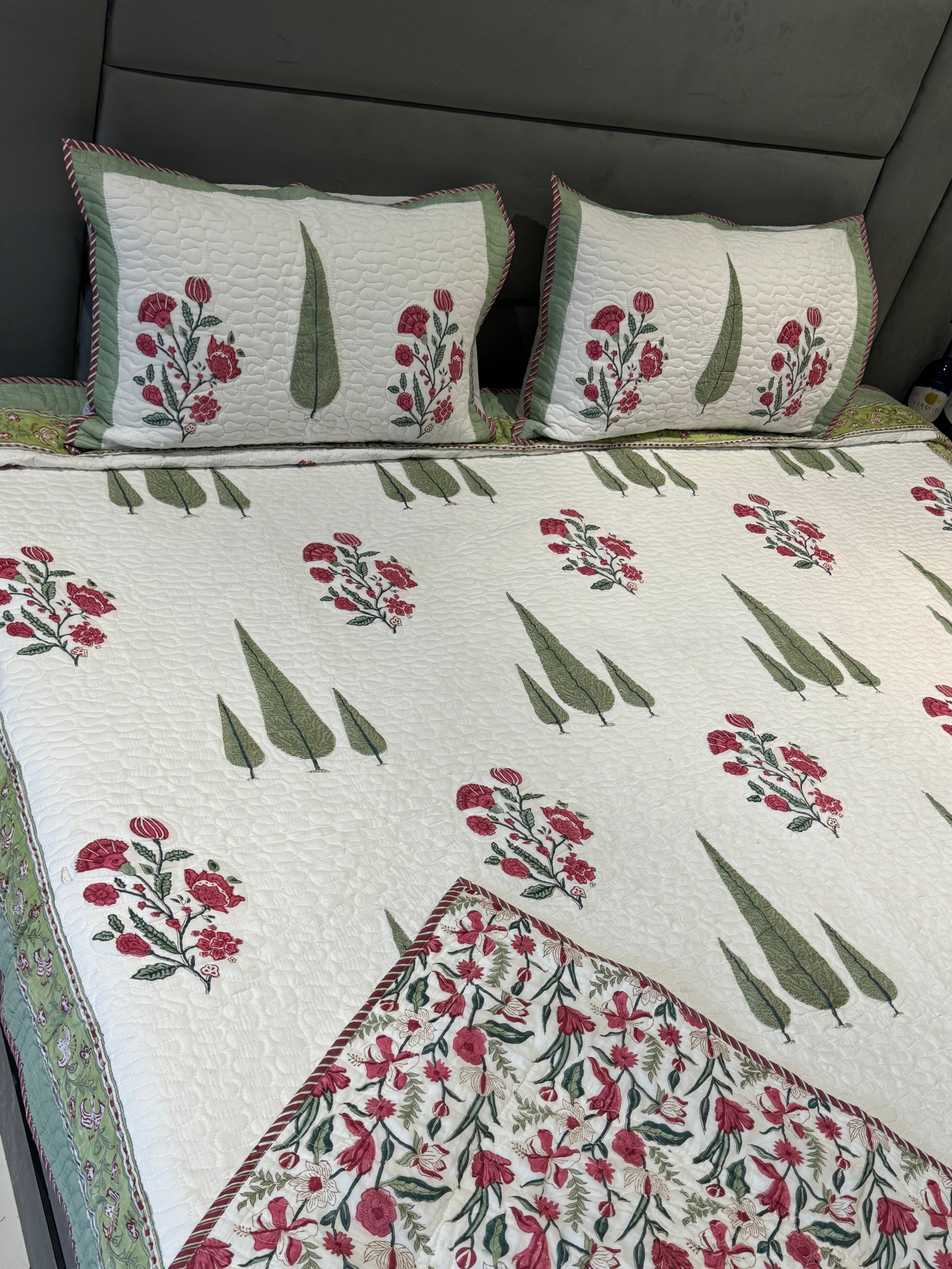 REVERSIBLE TRIPLE CYPRESS HANDBLOCK PRINTED QUILTED BEDCOVER