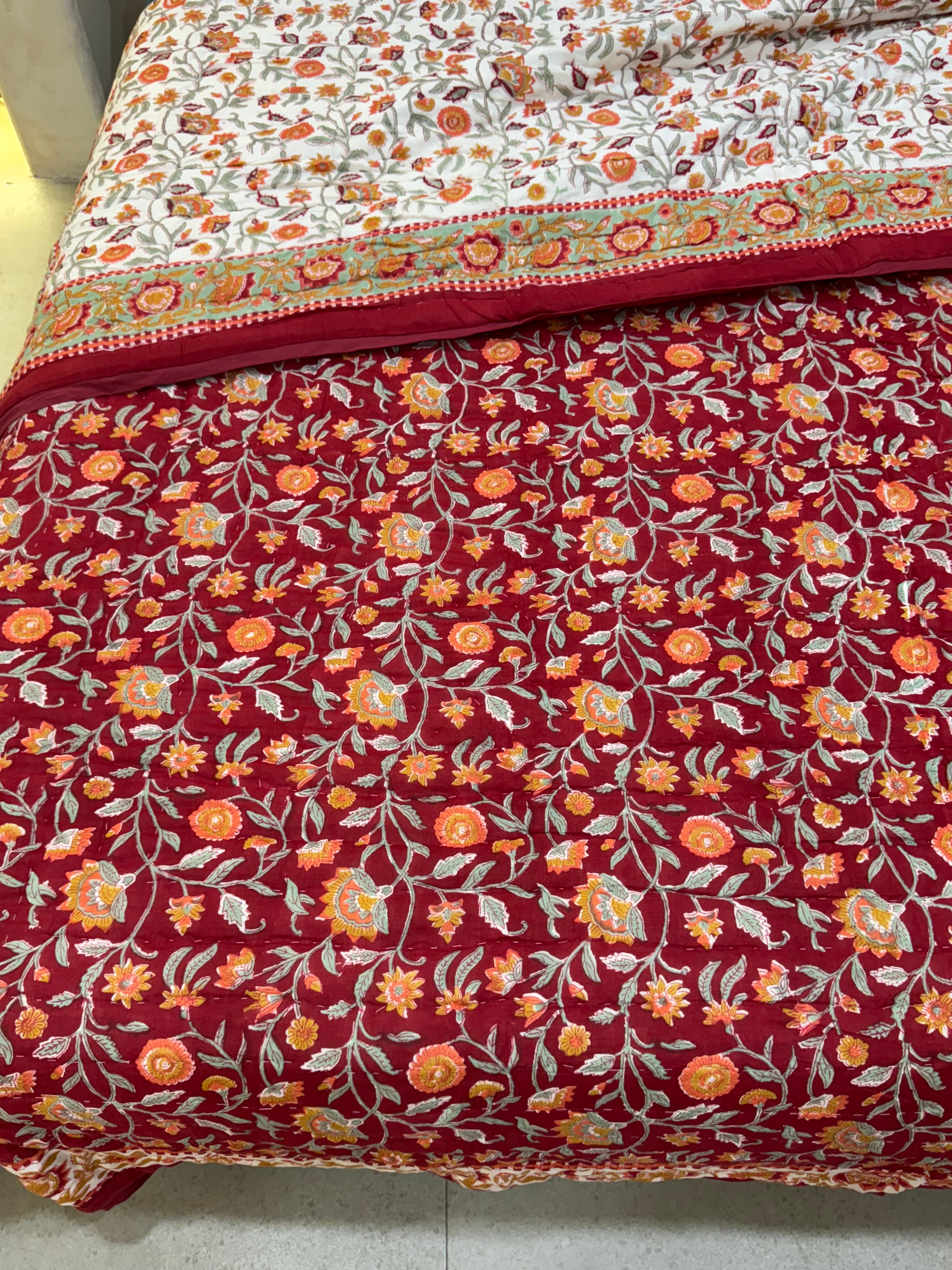 FESTIVE HAND BLOCK PRINTED REVERSIBLE QUILT (DOUBLE BED)