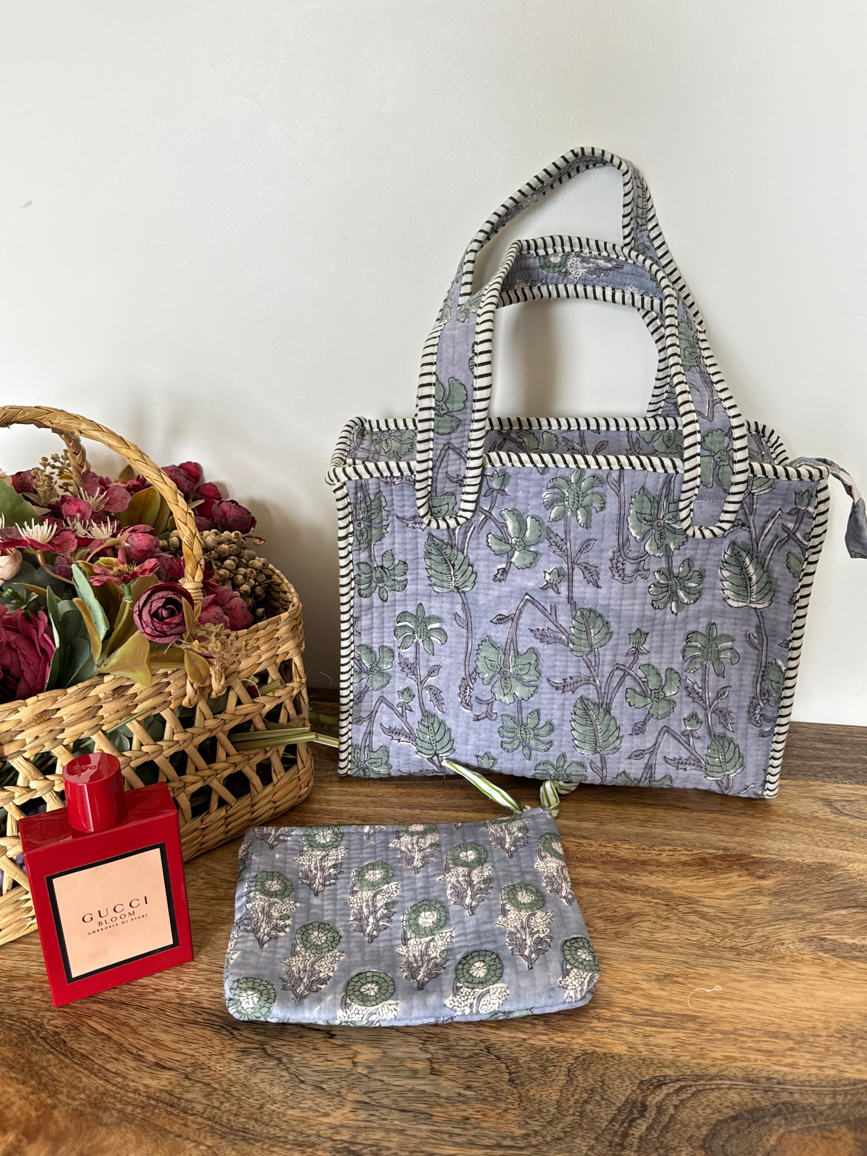REVERSIBLE MINI TOTE BAG WITH MATCHING FLAT POUCH SET