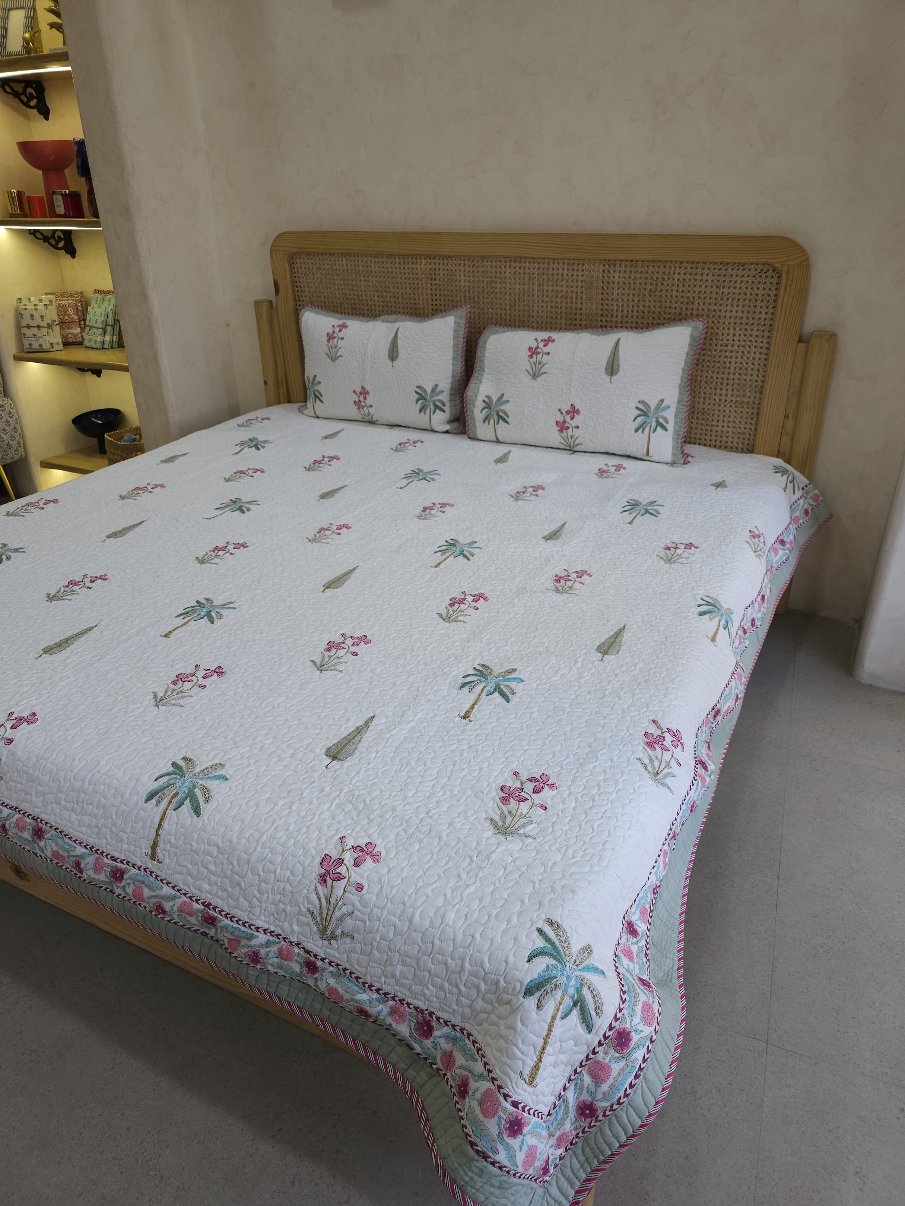 REVERSIBLE HAND BLOCK PRINTED QUILTED BEDCOVER 90*108