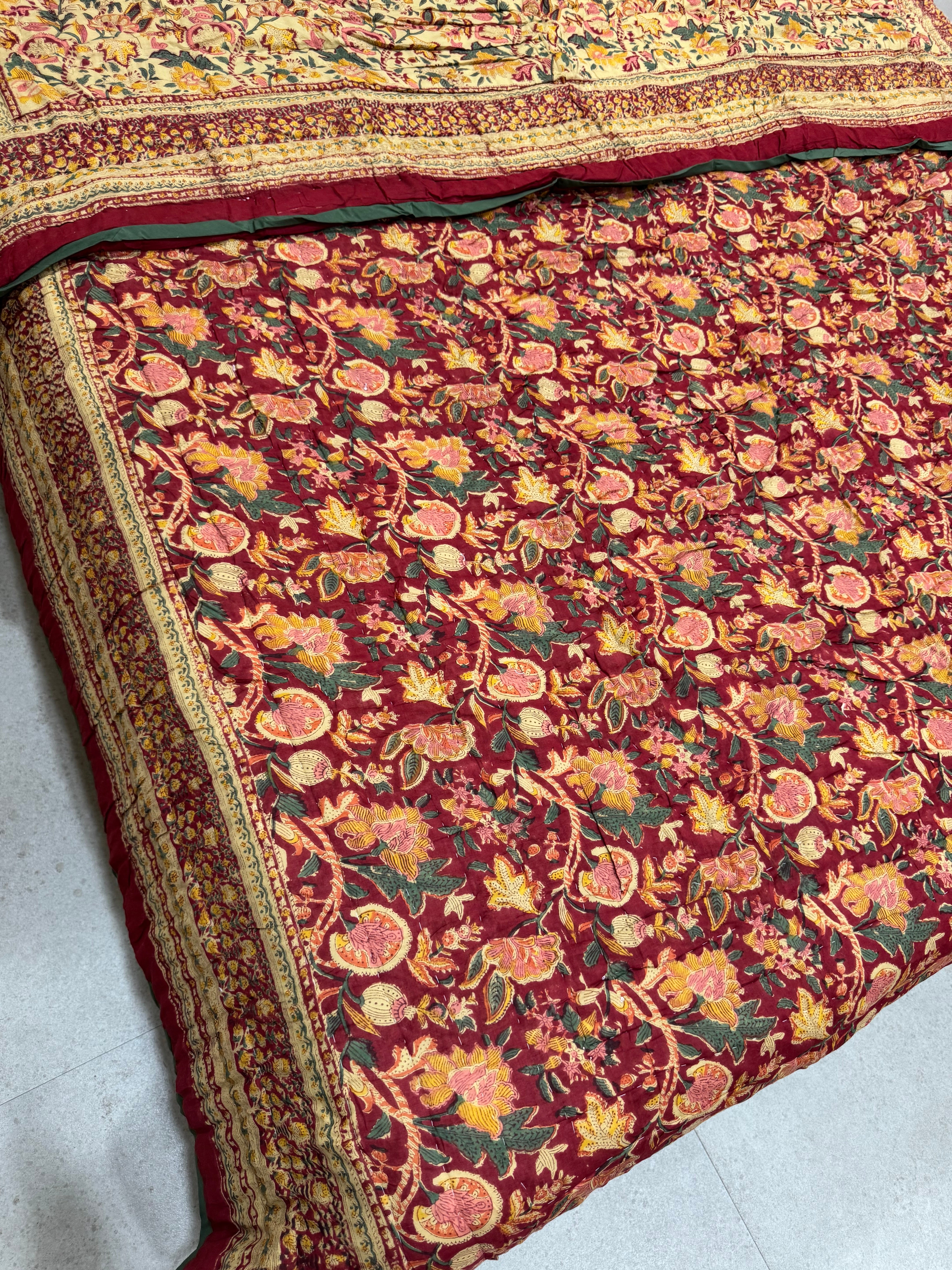 FESTIVE HAND BLOCK PRINTED REVERSIBLE QUILT (DOUBLE BED)