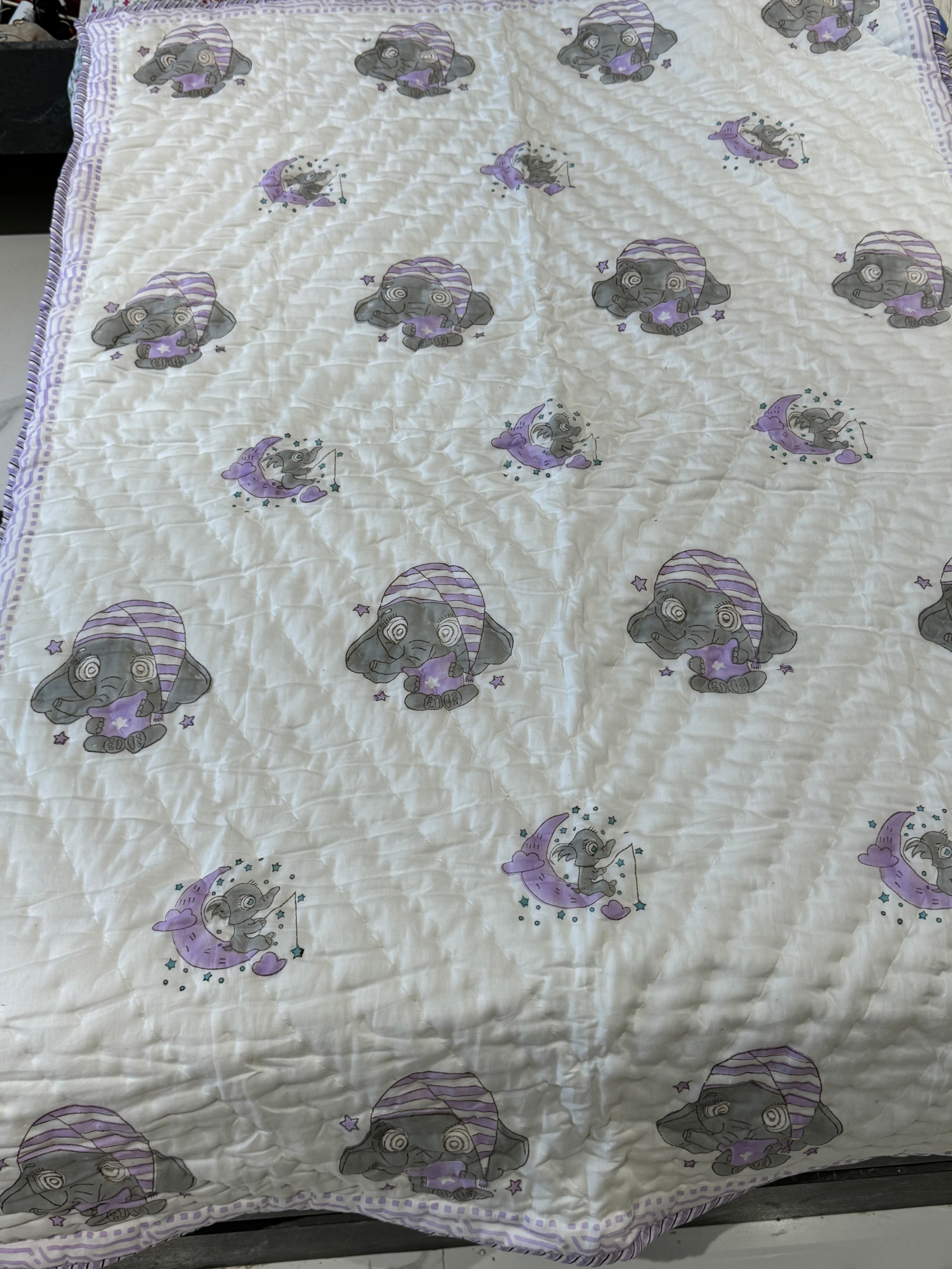 PURPLE ELEPHANT HANDBLOCK PRINTED REVERSIBLE MULMUL BABY QUILT