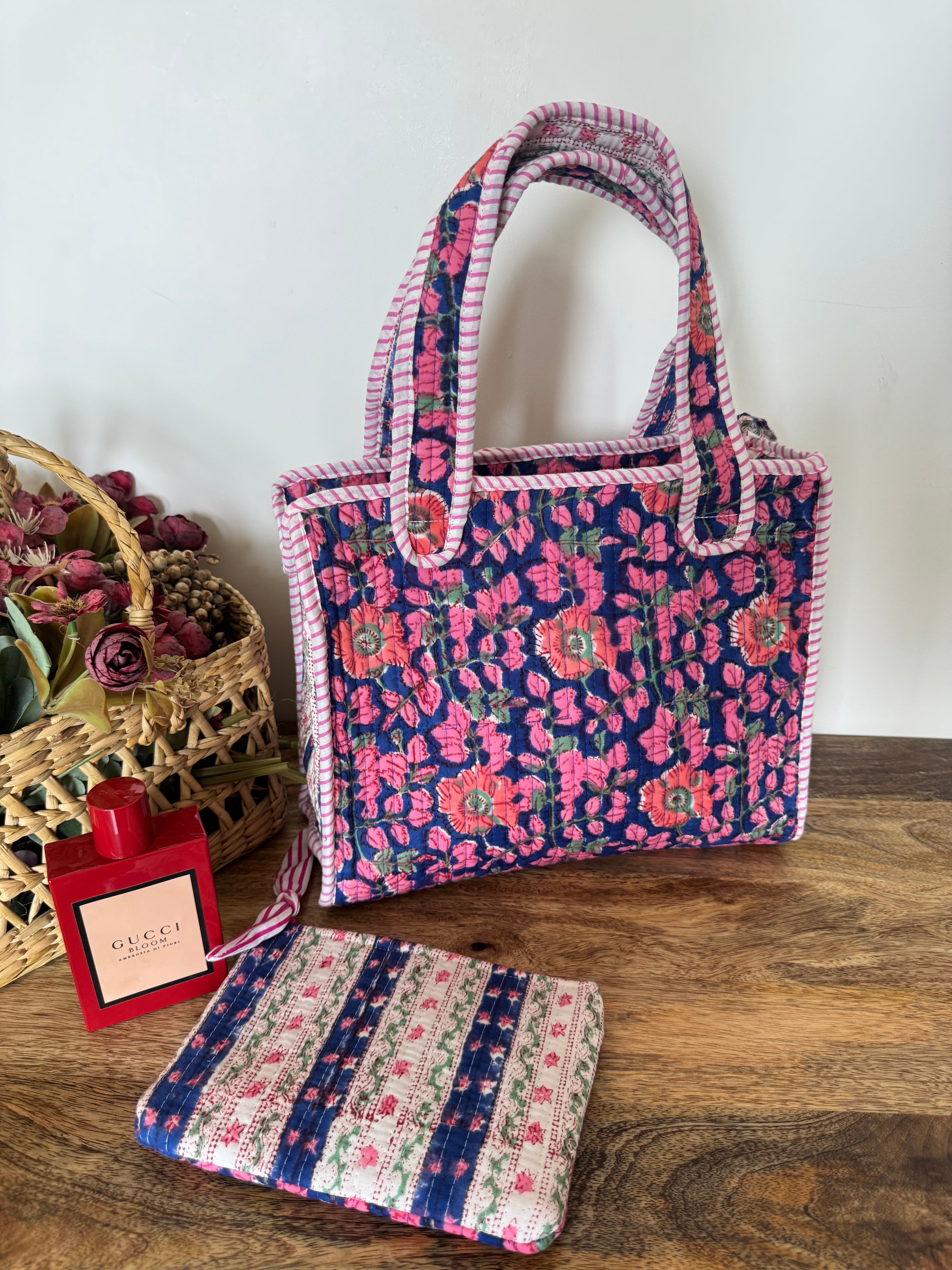 REVERSIBLE MINI TOTE BAG WITH MATCHING FLAT POUCH SET