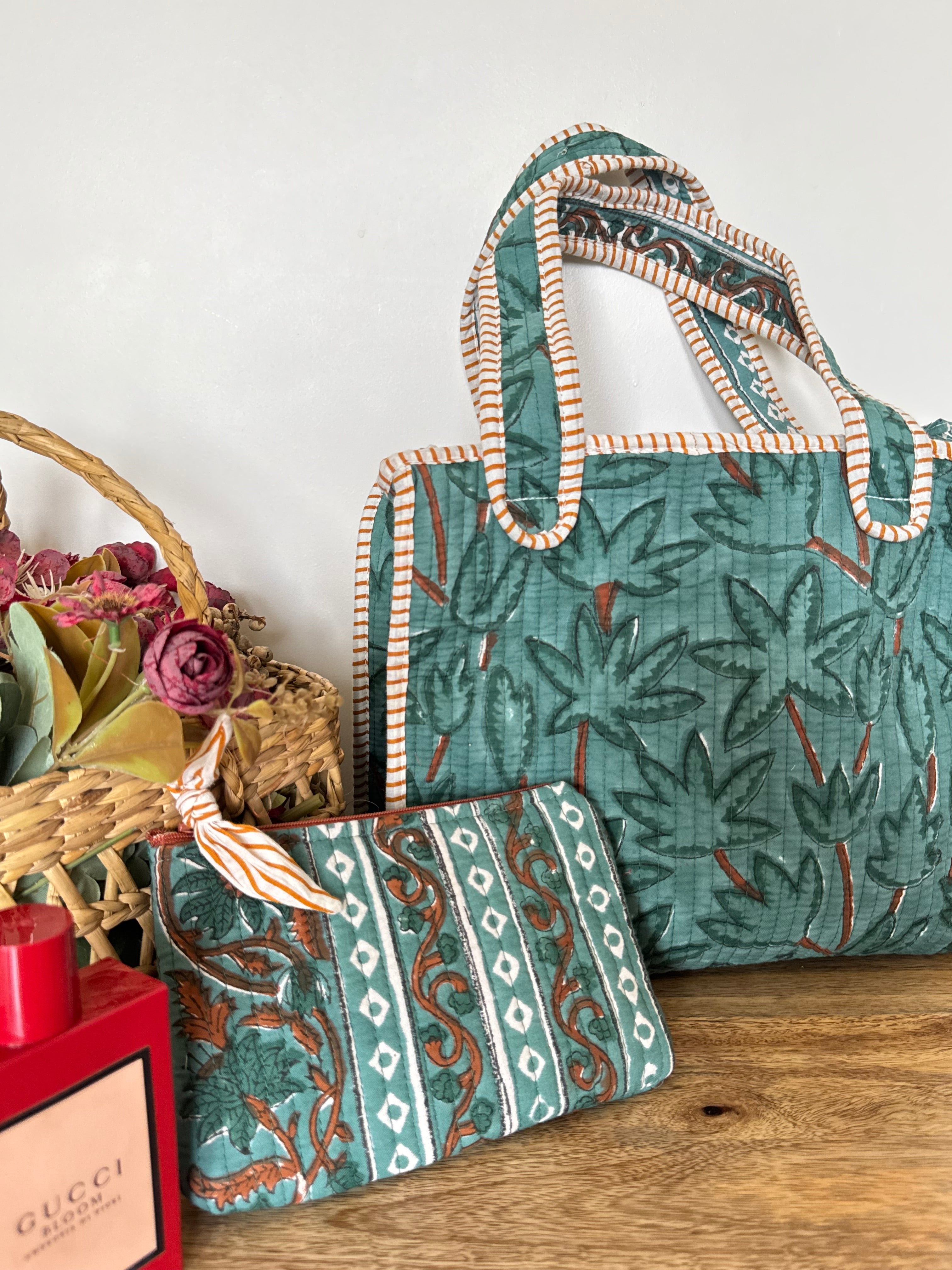 REVERSIBLE MINI TOTE BAG WITH MATCHING FLAT POUCH SET