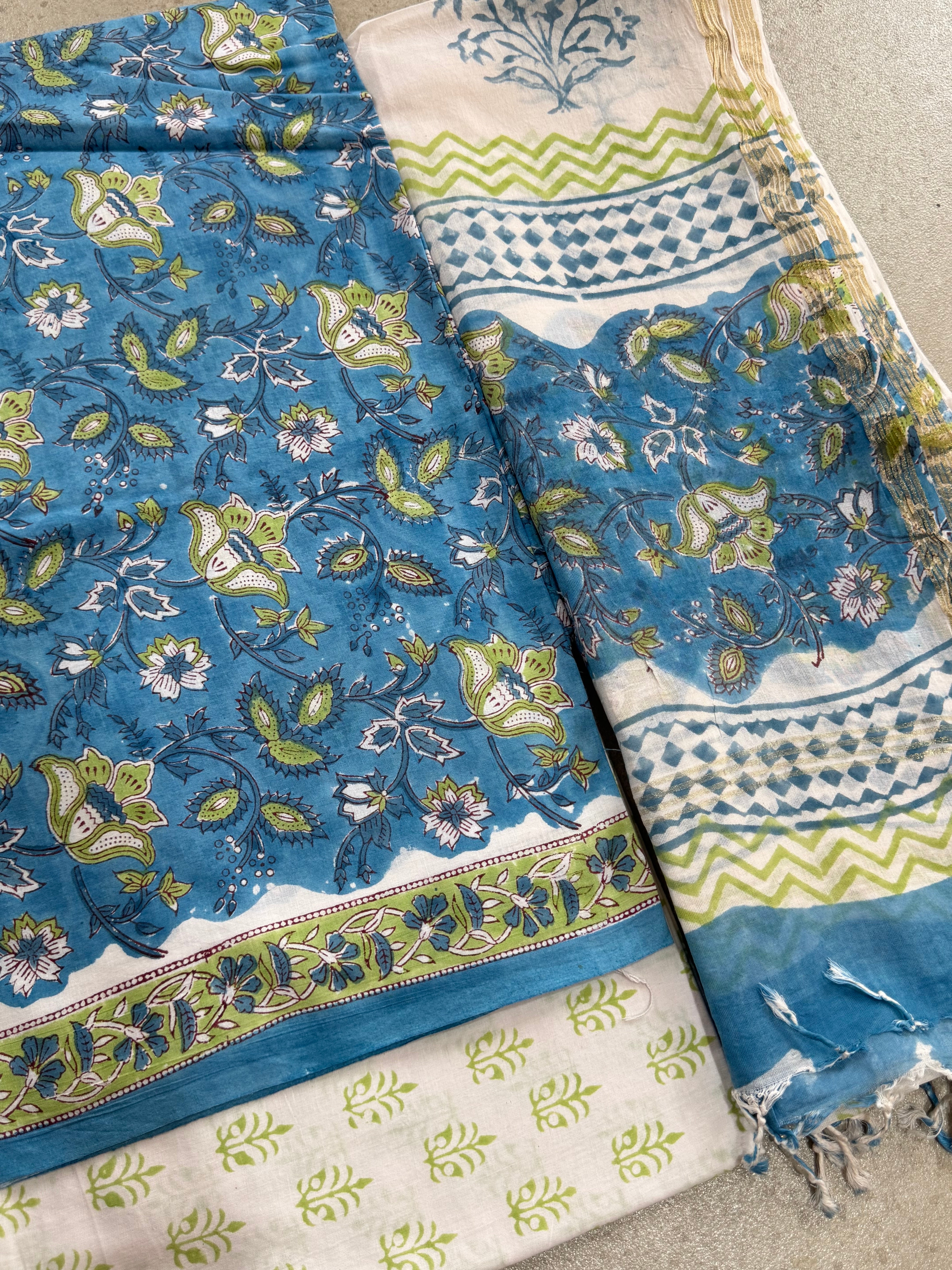 HAND BLOCK PRINTED COTTON UNSTITCHED SUIT WITH MULMUL DUPATTA