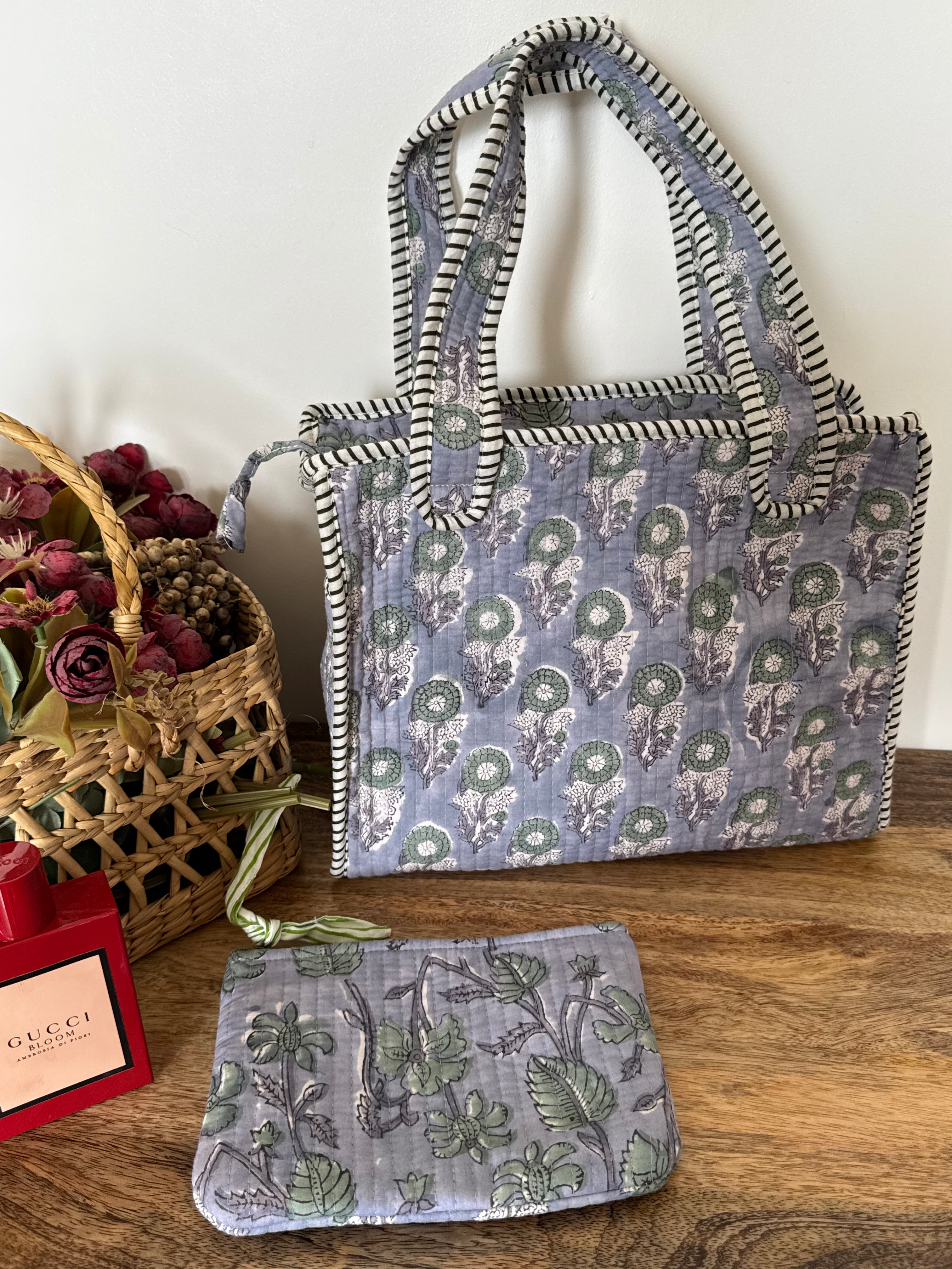 REVERSIBLE MINI TOTE BAG WITH MATCHING FLAT POUCH SET