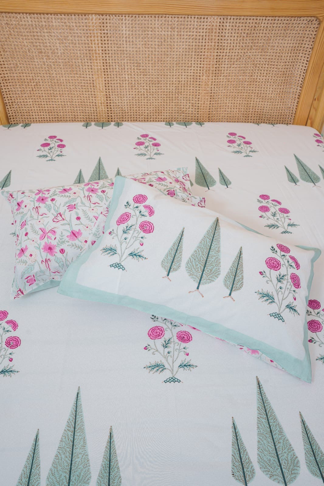 GARDEN DRIFT HAND BLOCK PRINTED BEDSHEET WITH TWO REVERSIBLE PILLOW COVERS