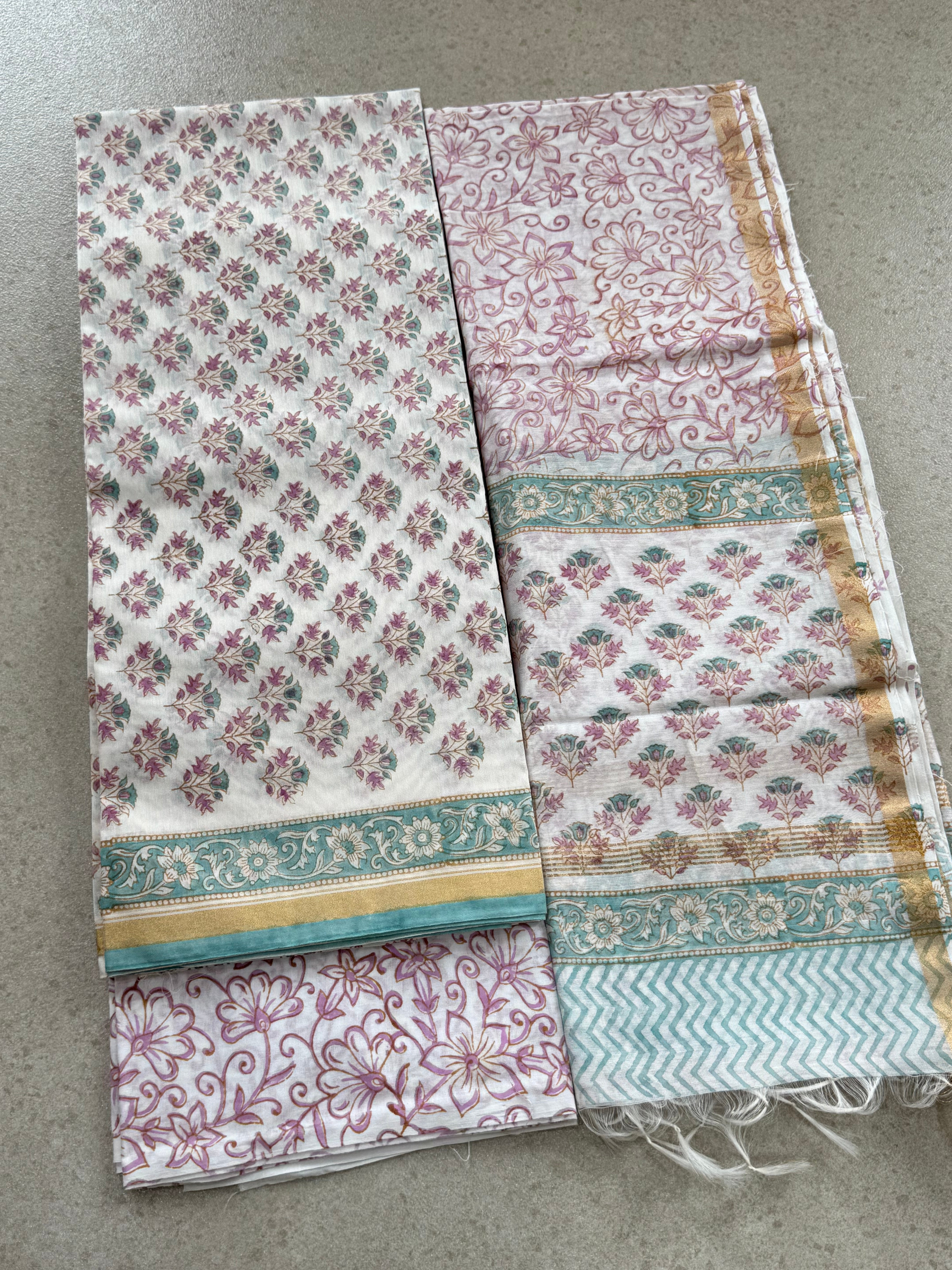 HAND BLOCK PRINTED CHANDERI UNSTITCHED SUIT