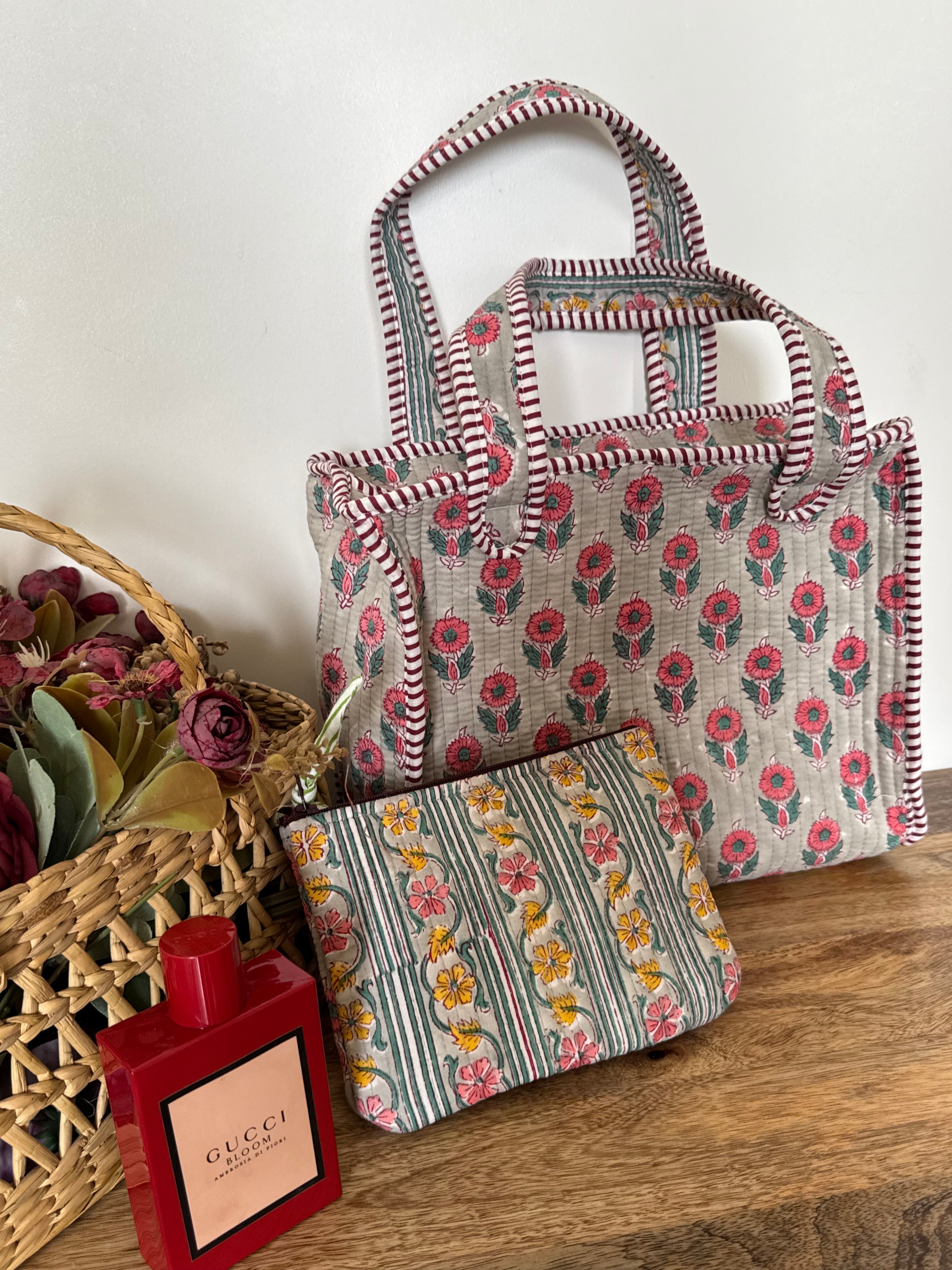 REVERSIBLE MINI TOTE BAG WITH MATCHING FLAT POUCH SET