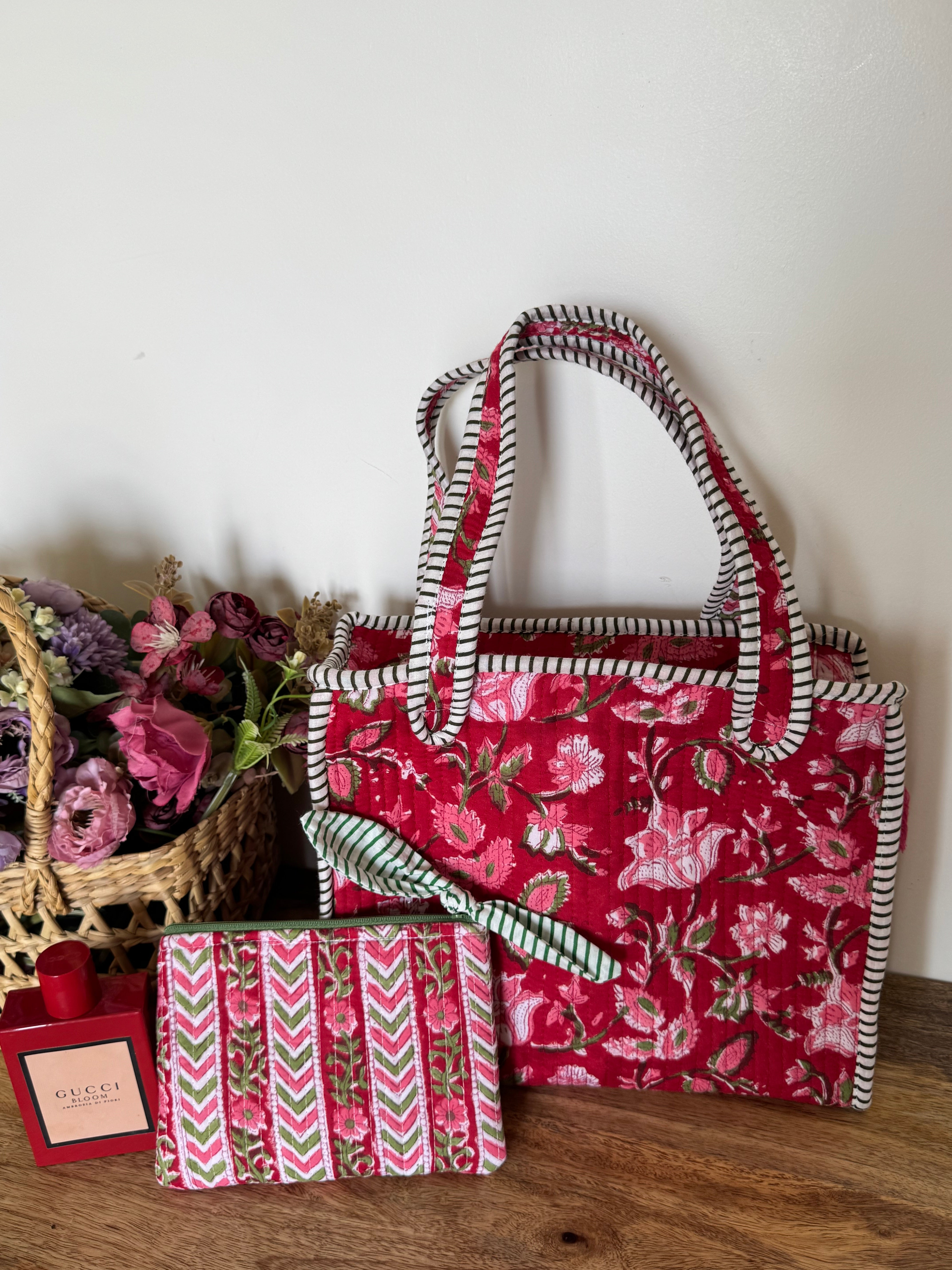 REVERSIBLE MINI TOTE BAG WITH MATCHING FLAT POUCH SET