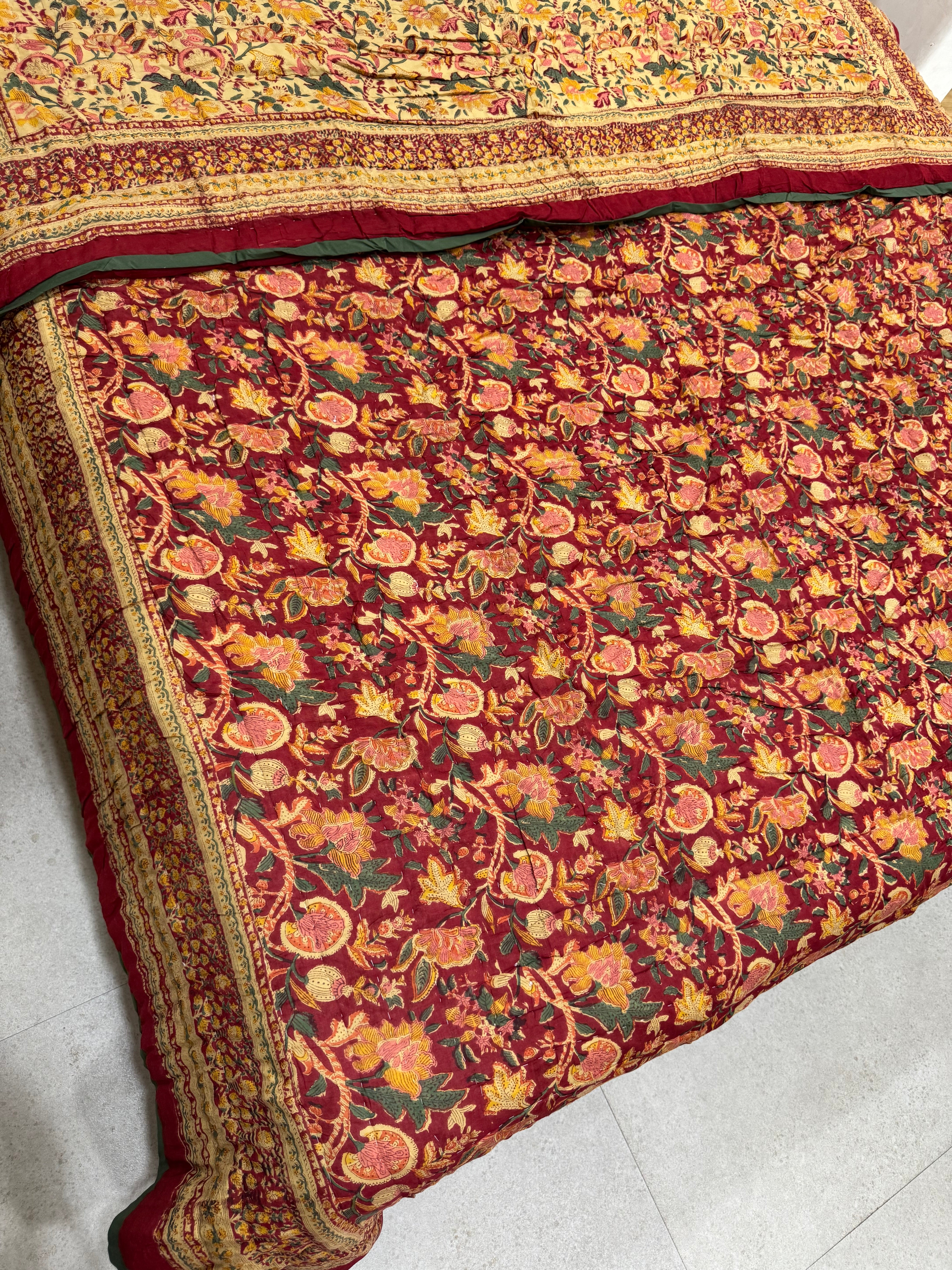 FESTIVE HAND BLOCK PRINTED REVERSIBLE QUILT (DOUBLE BED)