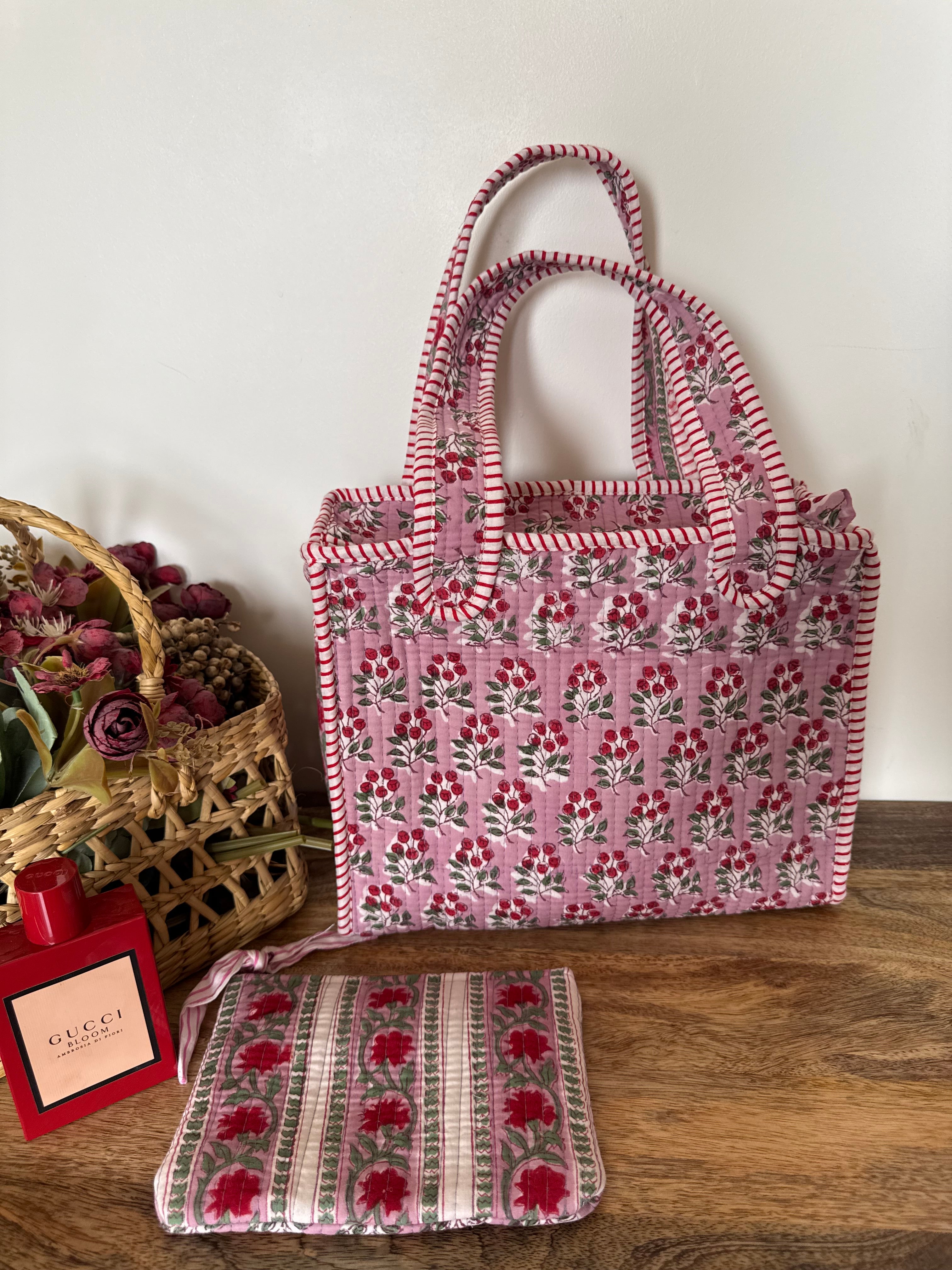 REVERSIBLE MINI TOTE BAG WITH MATCHING FLAT POUCH SET