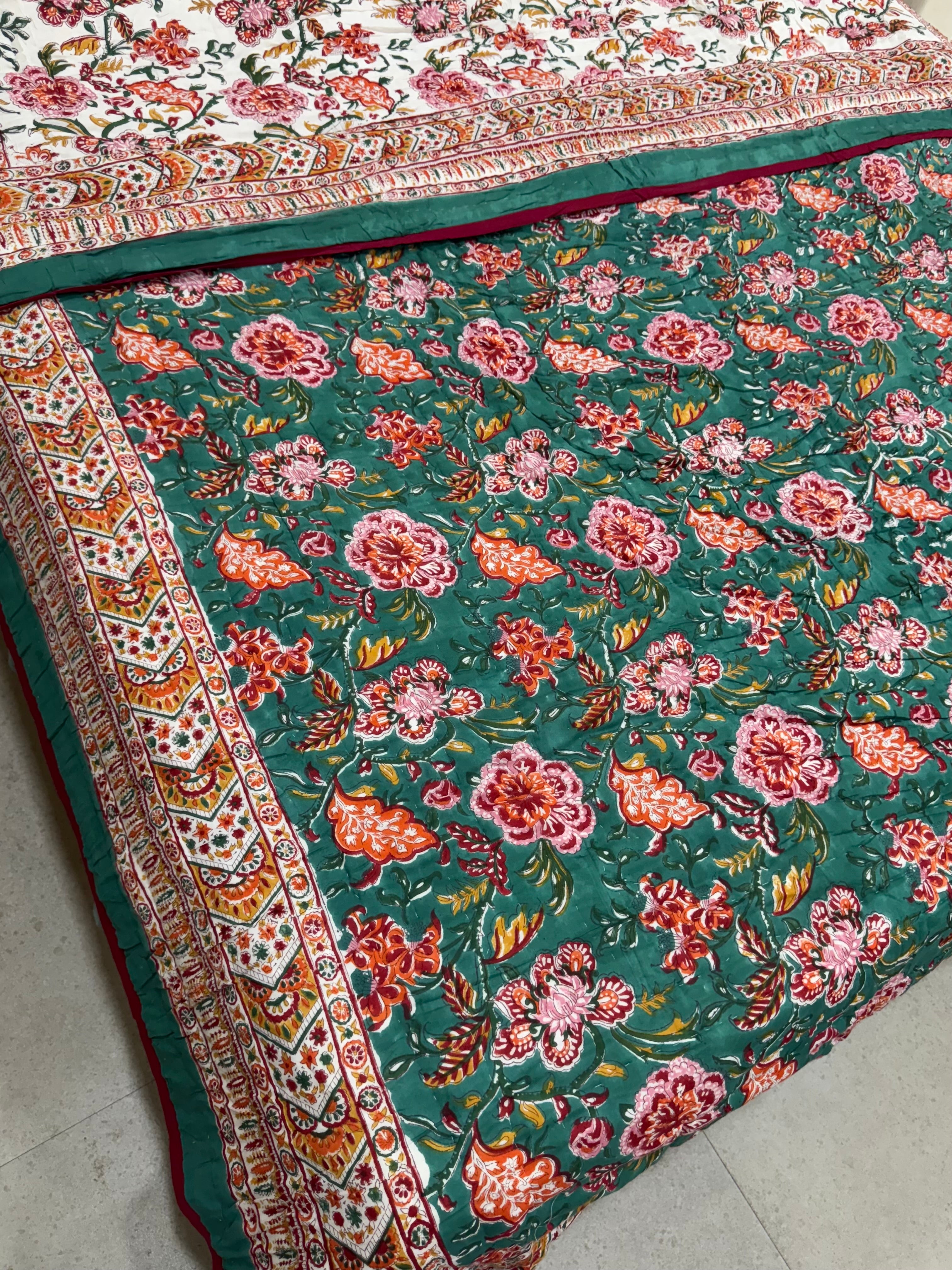 FESTIVE HAND BLOCK PRINTED REVERSIBLE QUILT (DOUBLE BED)