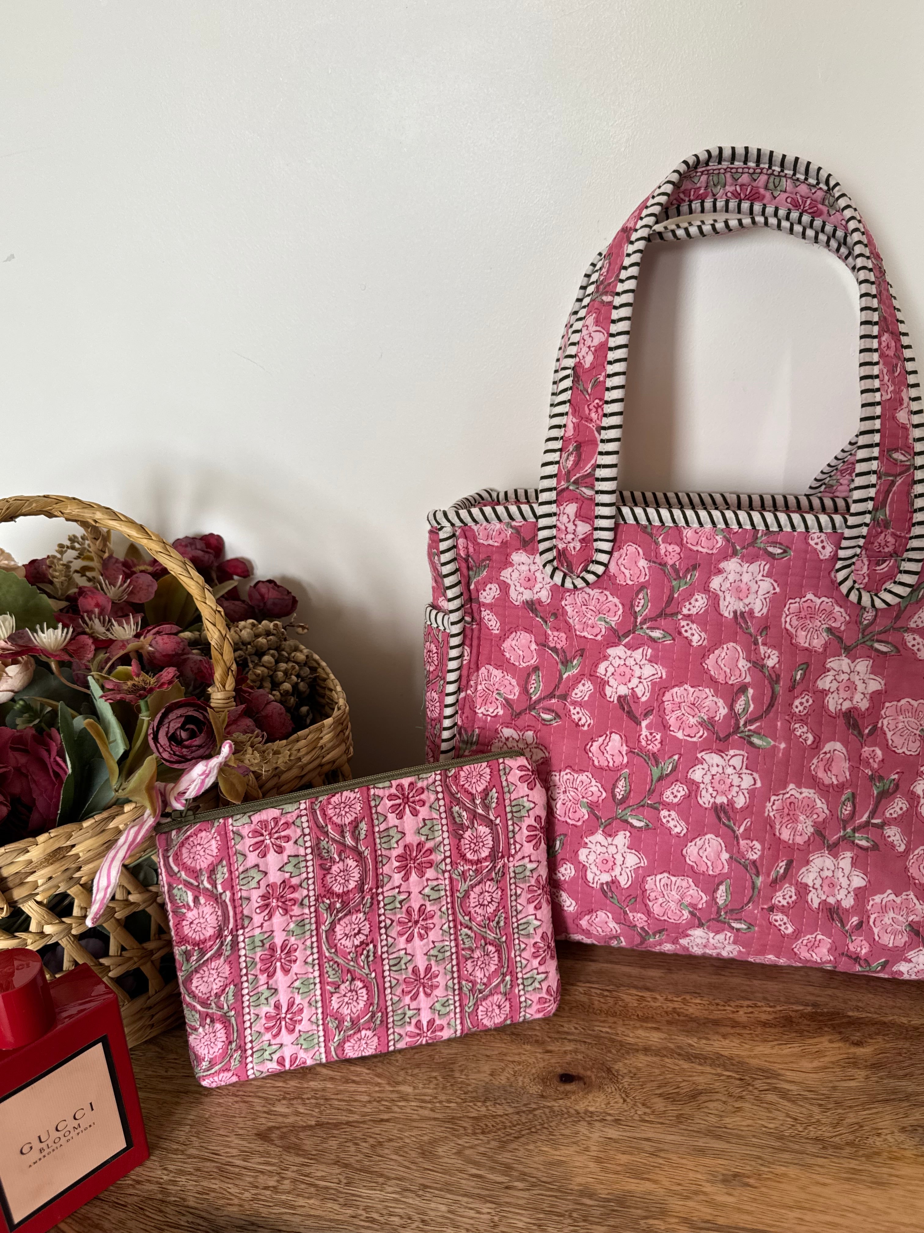 REVERSIBLE MINI TOTE BAG WITH MATCHING FLAT POUCH SET