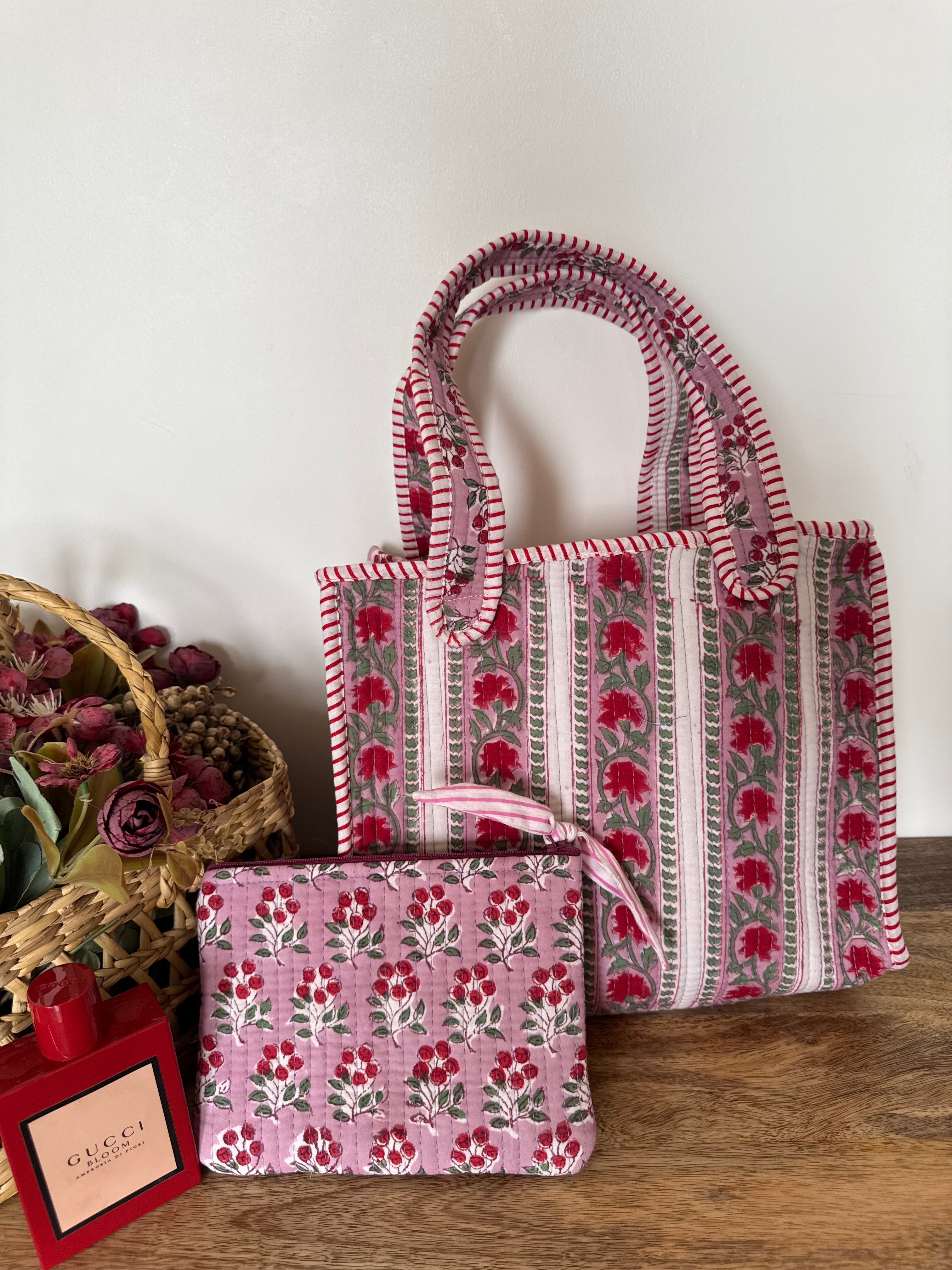 REVERSIBLE MINI TOTE BAG WITH MATCHING FLAT POUCH SET