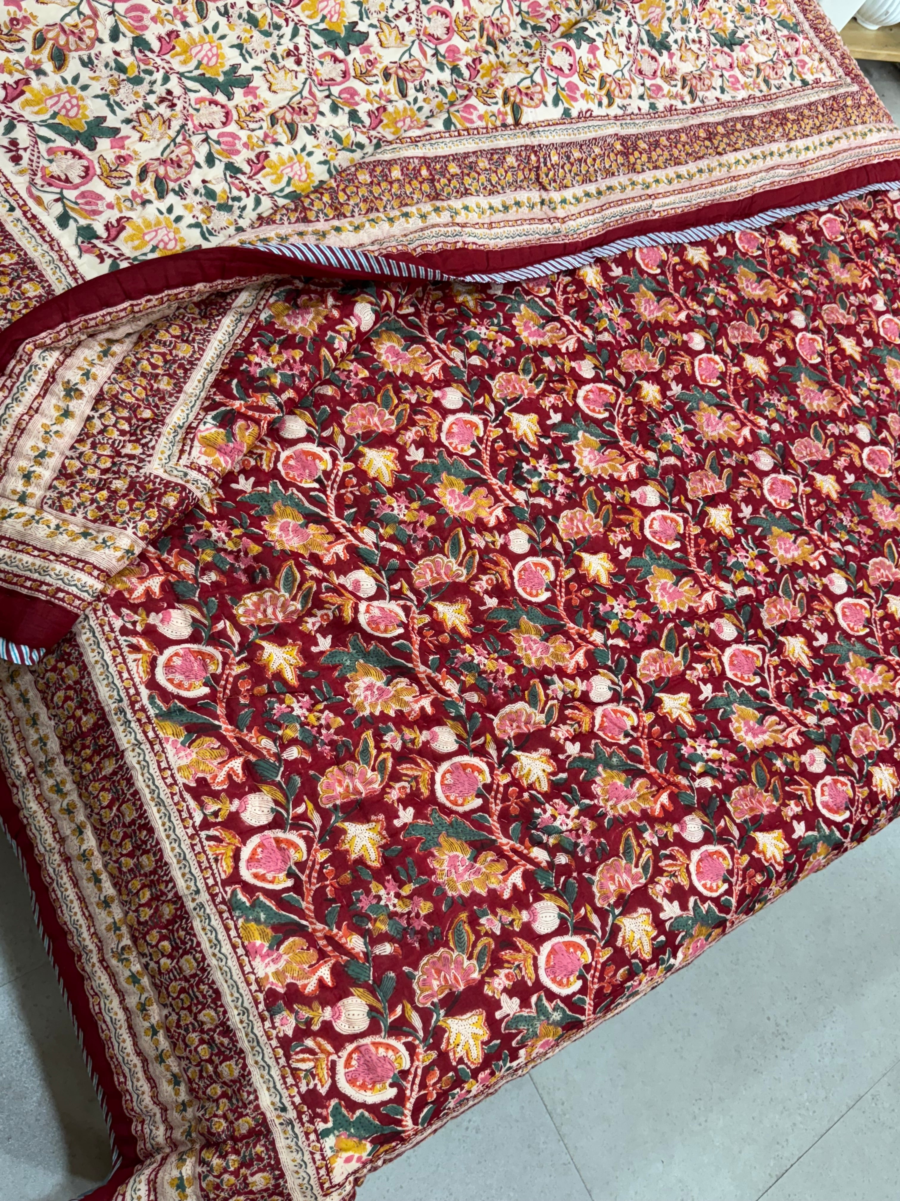 FESTIVE HAND BLOCK PRINTED REVERSIBLE QUILT (DOUBLE BED)