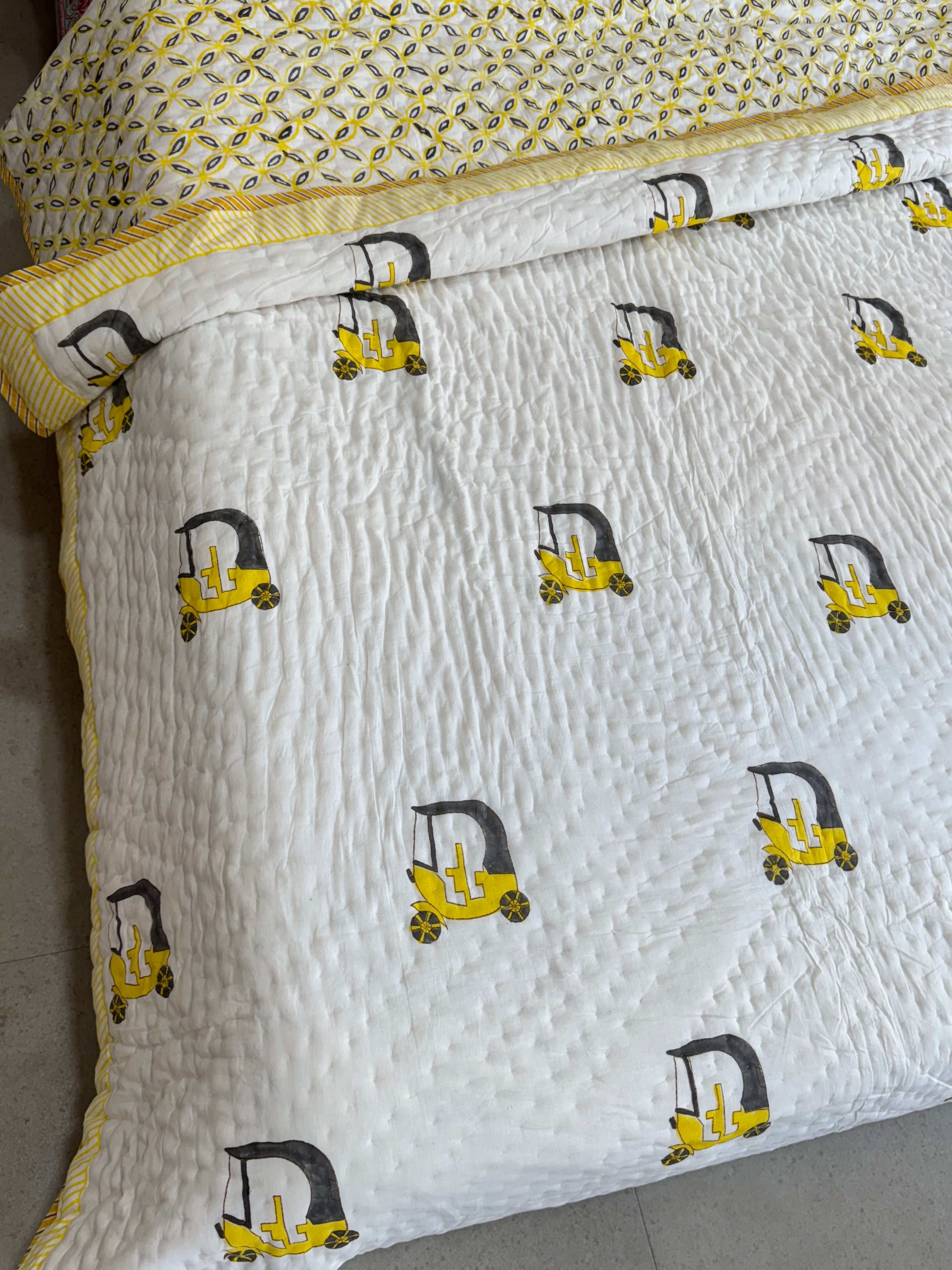 SINGLE BED HANDBLOCK PRINTED REVERSIBLE MULMUL KIDS QUILT (5 years till Adult Size)