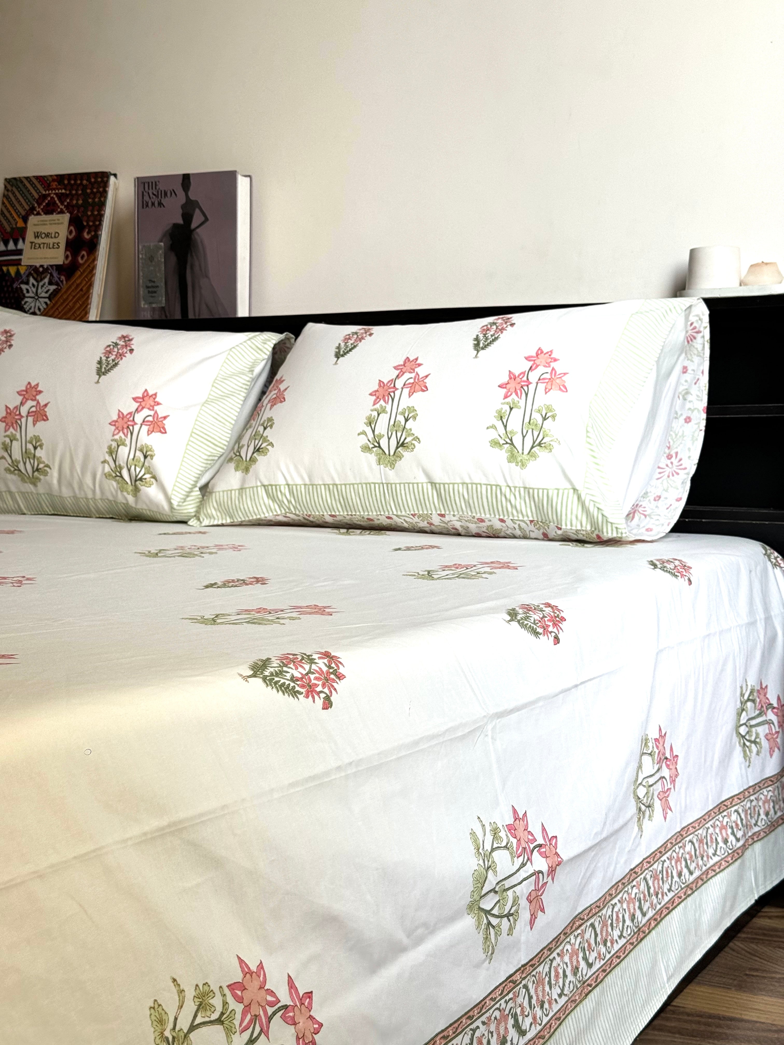 VEDA HAND BLOCK PRINTED BEDSHEET WITH TWO REVERSIBLE PILLOW COVERS