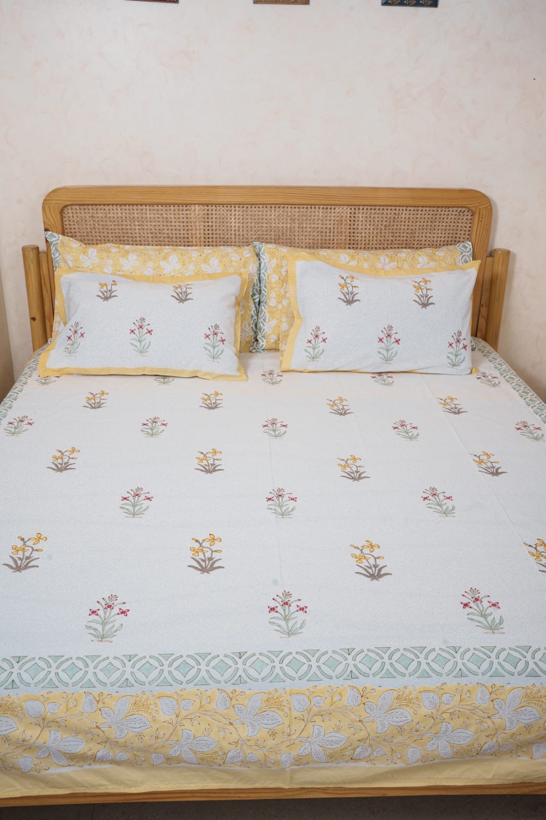RASHIKA HAND BLOCK PRINTED BEDSHEET WITH TWO REVERSIBLE PILLOW COVERS