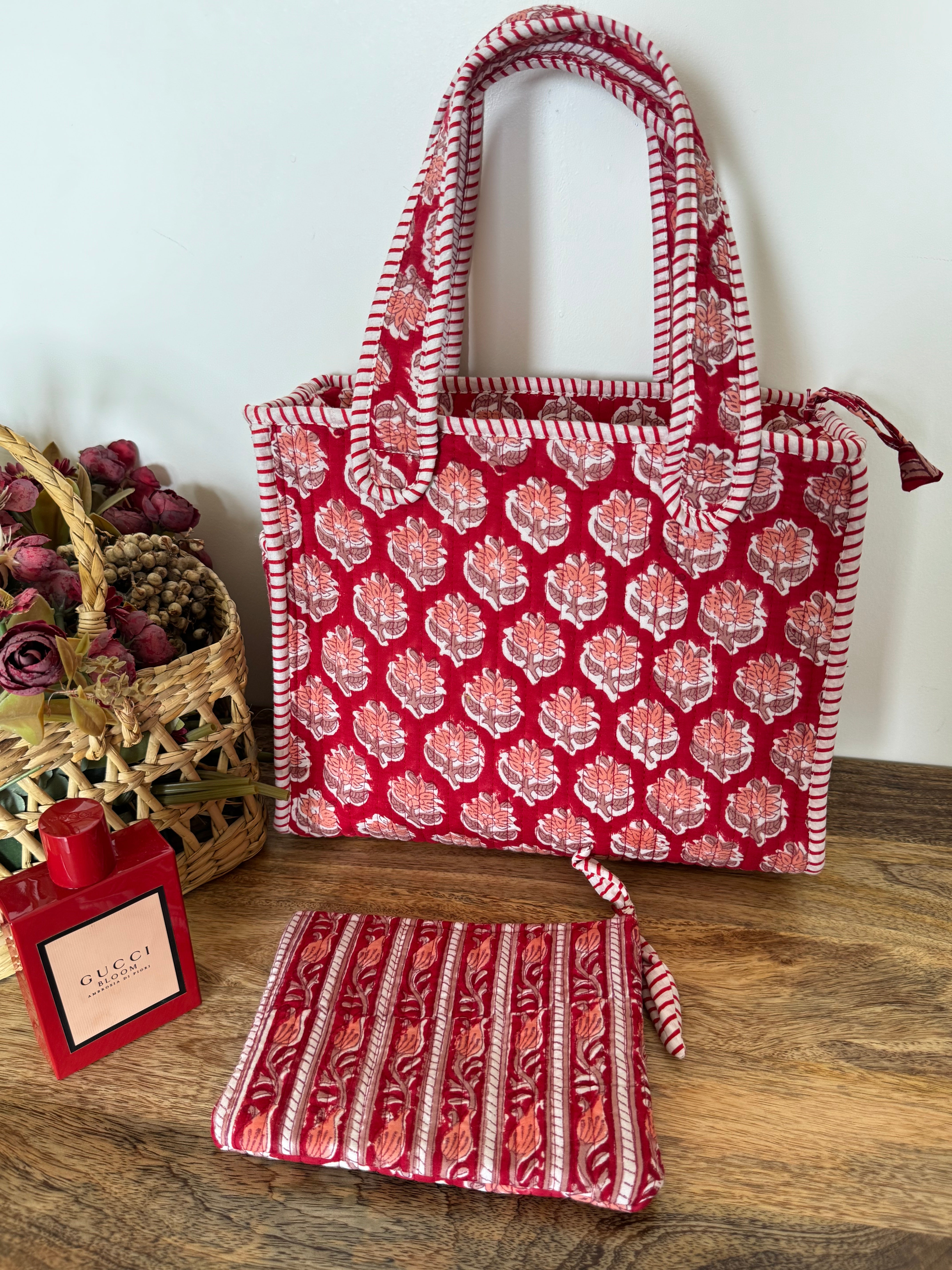 REVERSIBLE MINI TOTE BAG WITH MATCHING FLAT POUCH SET