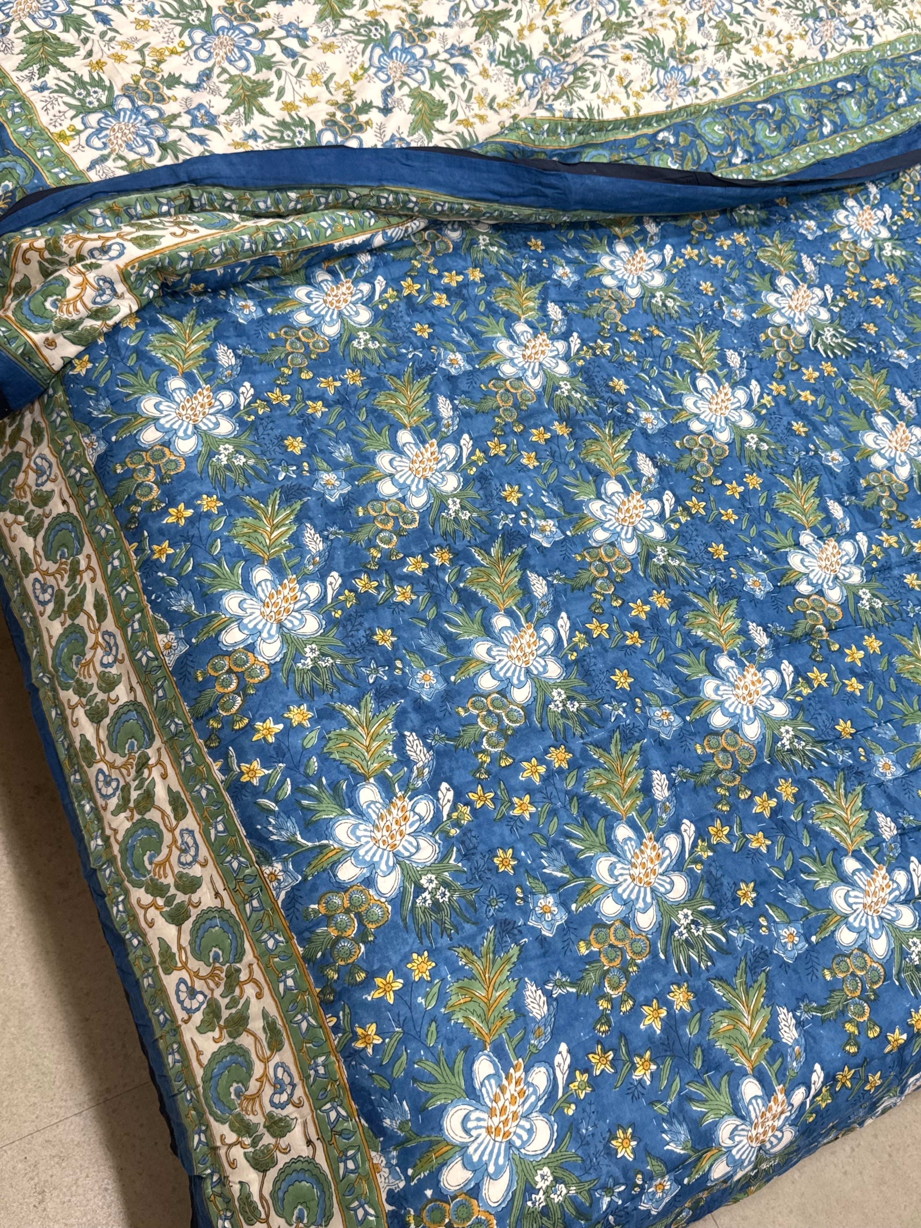 FESTIVE HAND BLOCK PRINTED REVERSIBLE QUILT (DOUBLE BED)