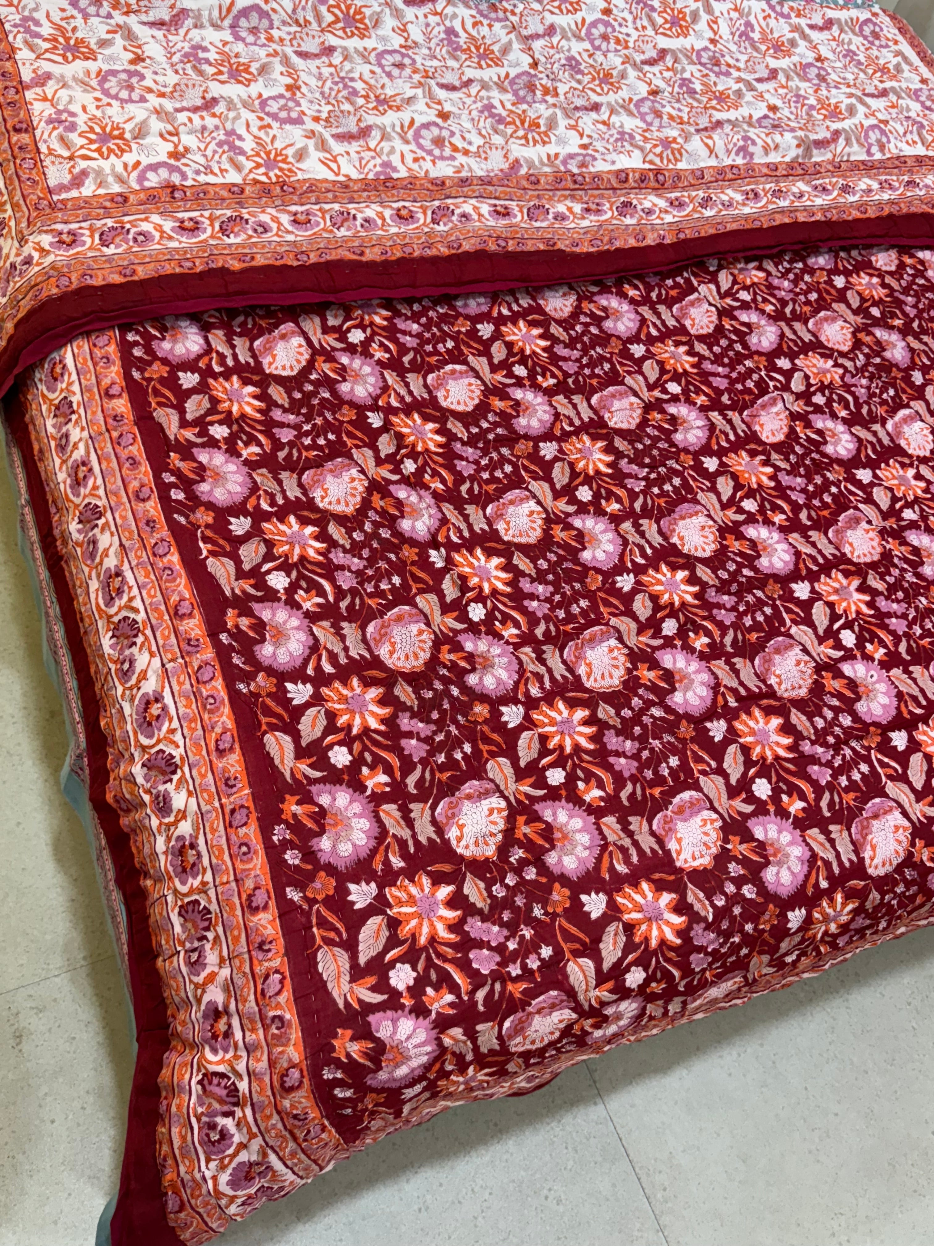 FESTIVE HAND BLOCK PRINTED REVERSIBLE QUILT (DOUBLE BED)