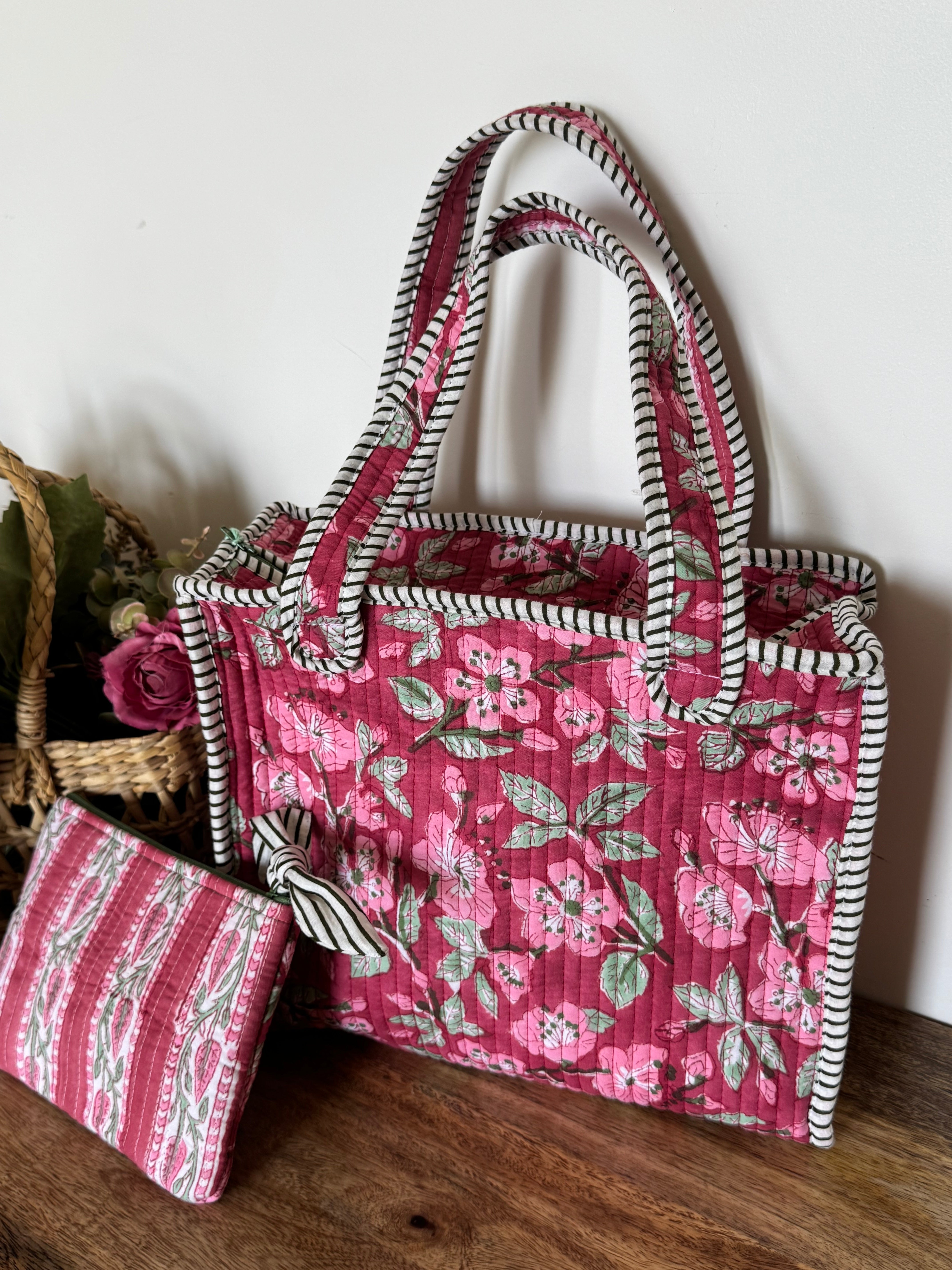 REVERSIBLE MINI TOTE BAG WITH MATCHING FLAT POUCH SET
