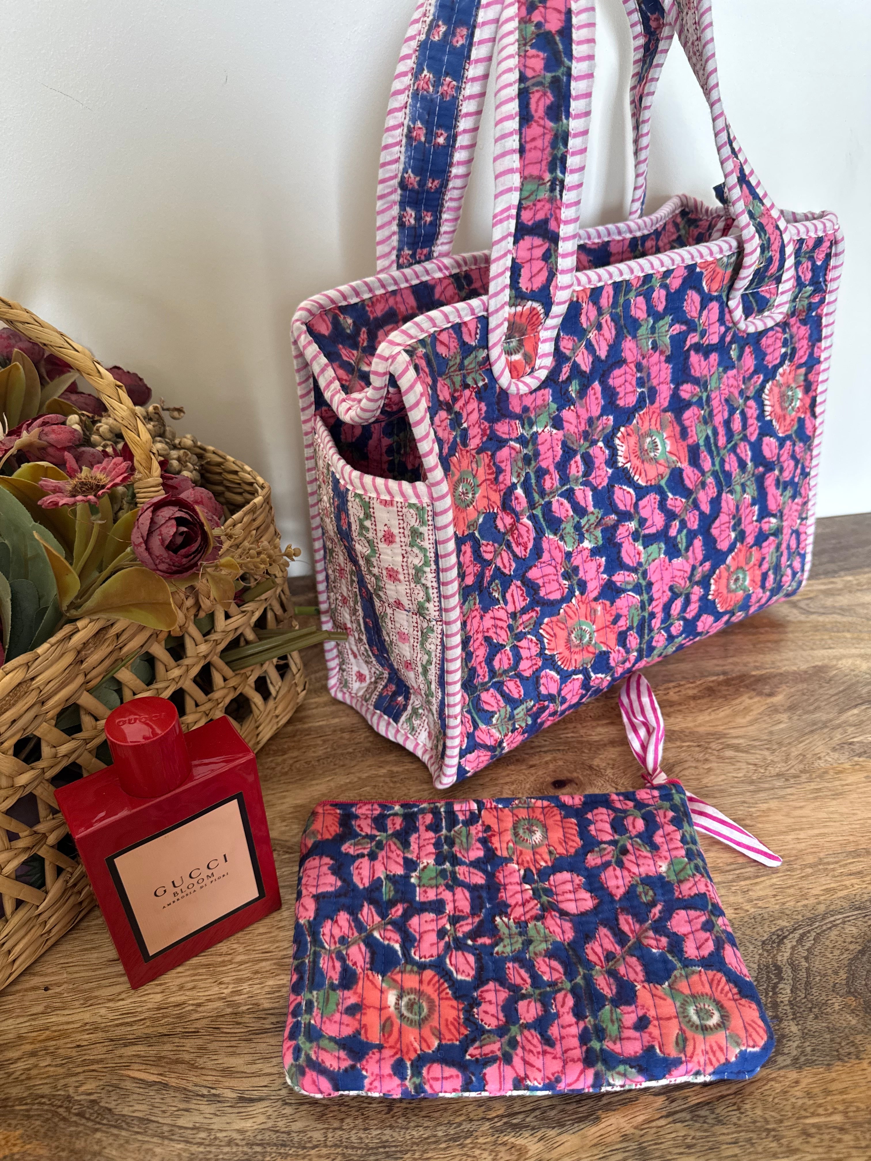 REVERSIBLE MINI TOTE BAG WITH MATCHING FLAT POUCH SET