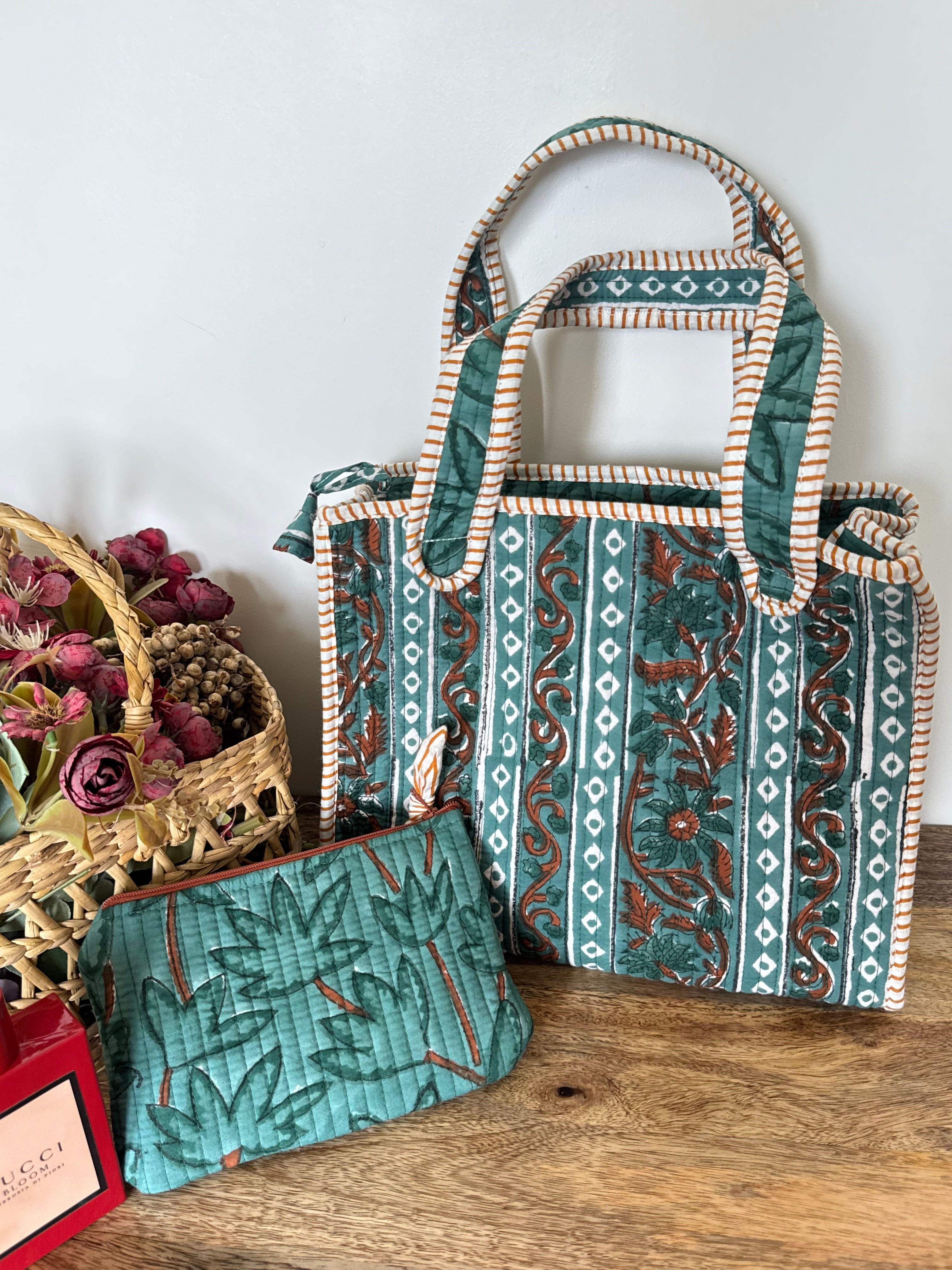 REVERSIBLE MINI TOTE BAG WITH MATCHING FLAT POUCH SET