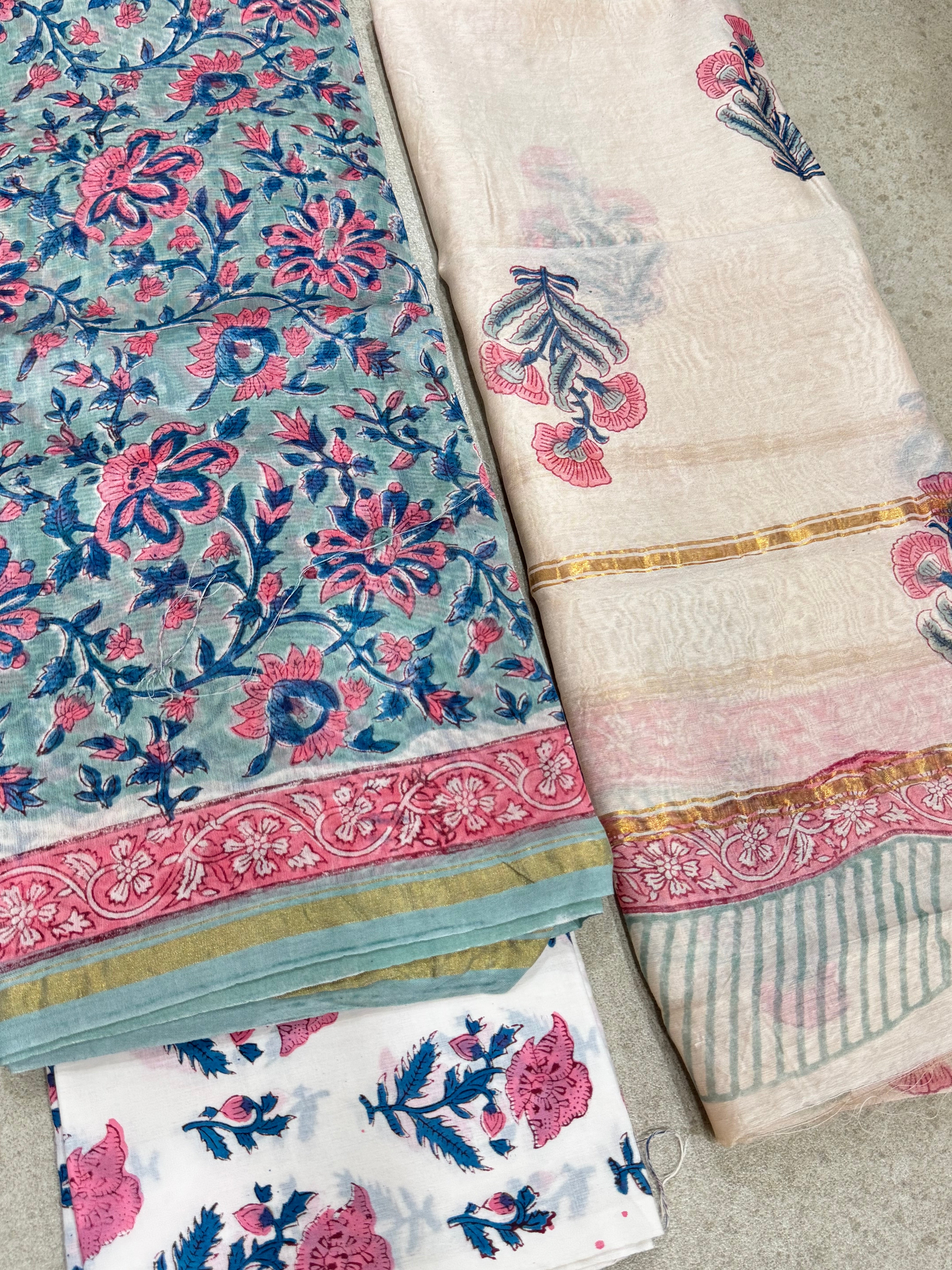 HAND BLOCK PRINTED CHANDERI UNSTITCHED SUIT