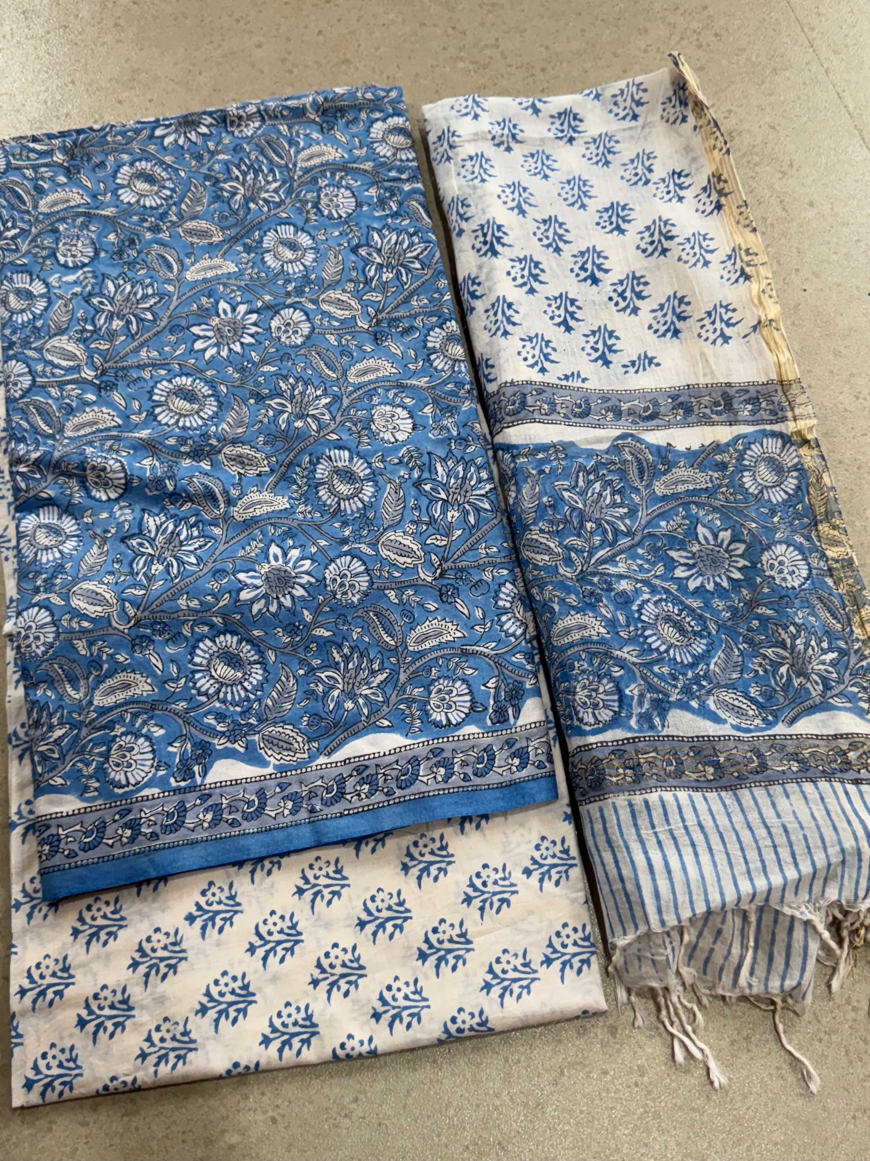 HAND BLOCK PRINTED COTTON UNSTITCHED SUIT WITH MULMUL DUPATTA