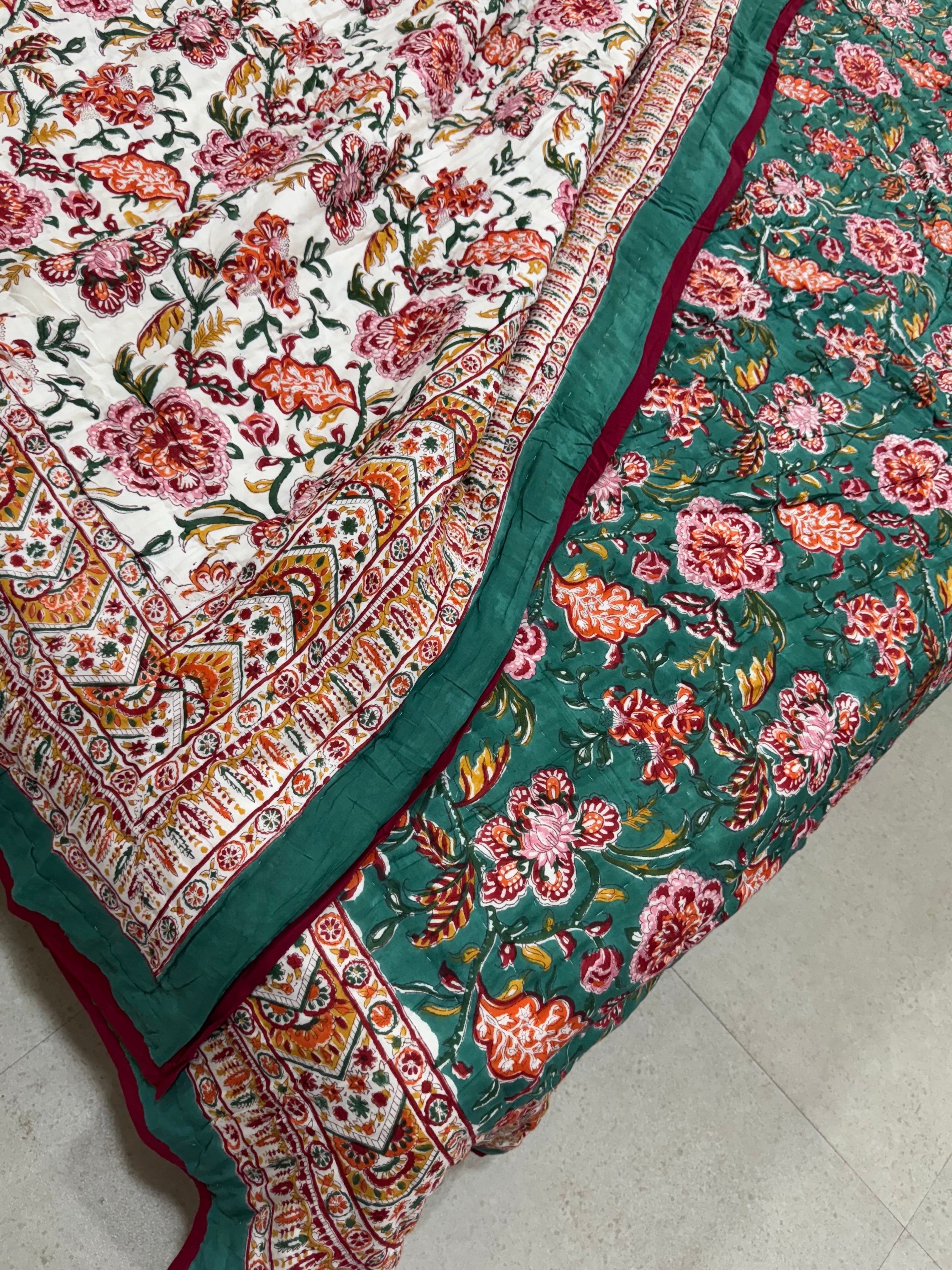 FESTIVE HAND BLOCK PRINTED REVERSIBLE QUILT (DOUBLE BED)