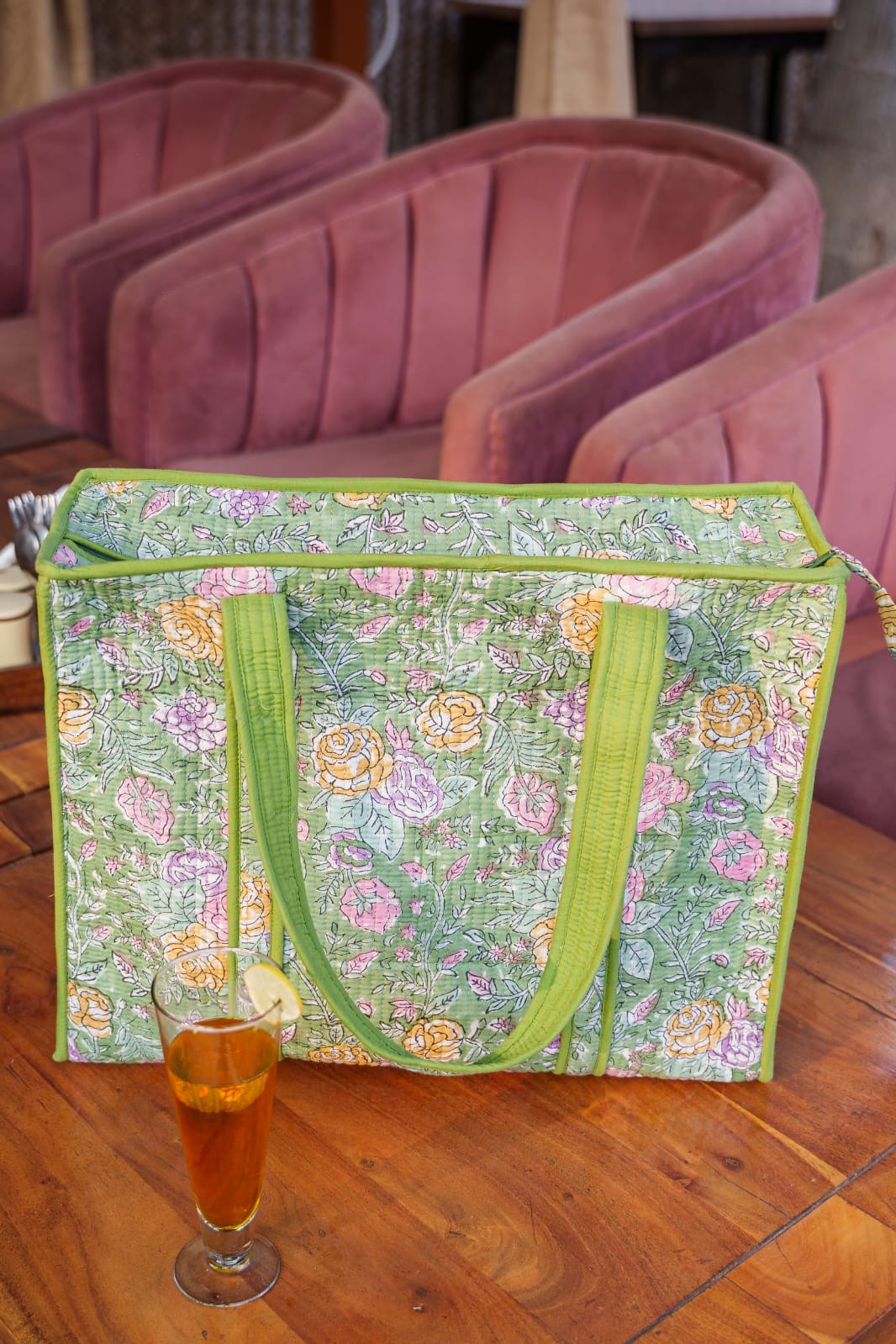 HAND BLOCK PRINTED TOTE BAG WITH ZIP