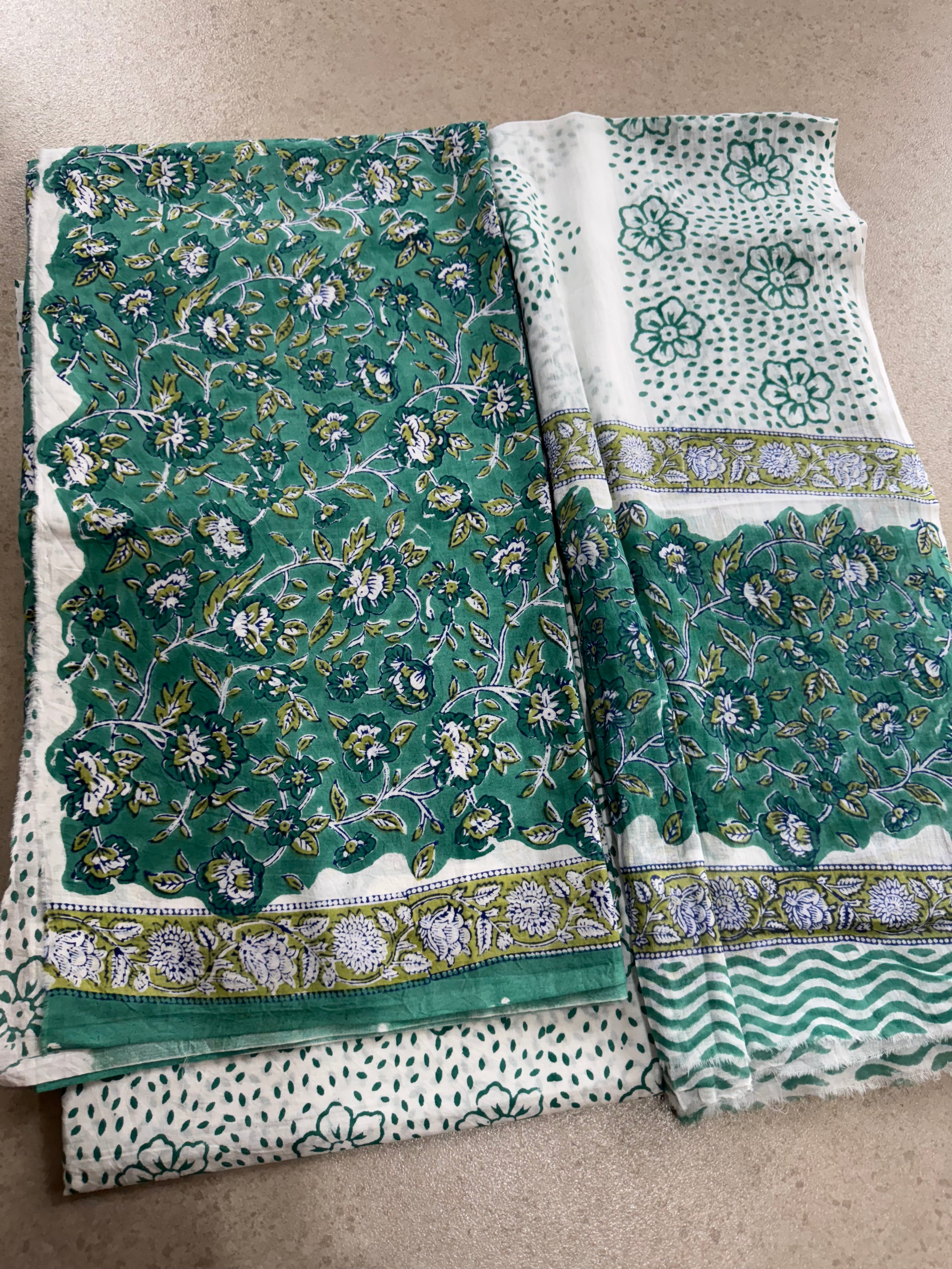 HAND BLOCK PRINTED COTTON UNSTITCHED SUIT WITH MULMUL DUPATTA
