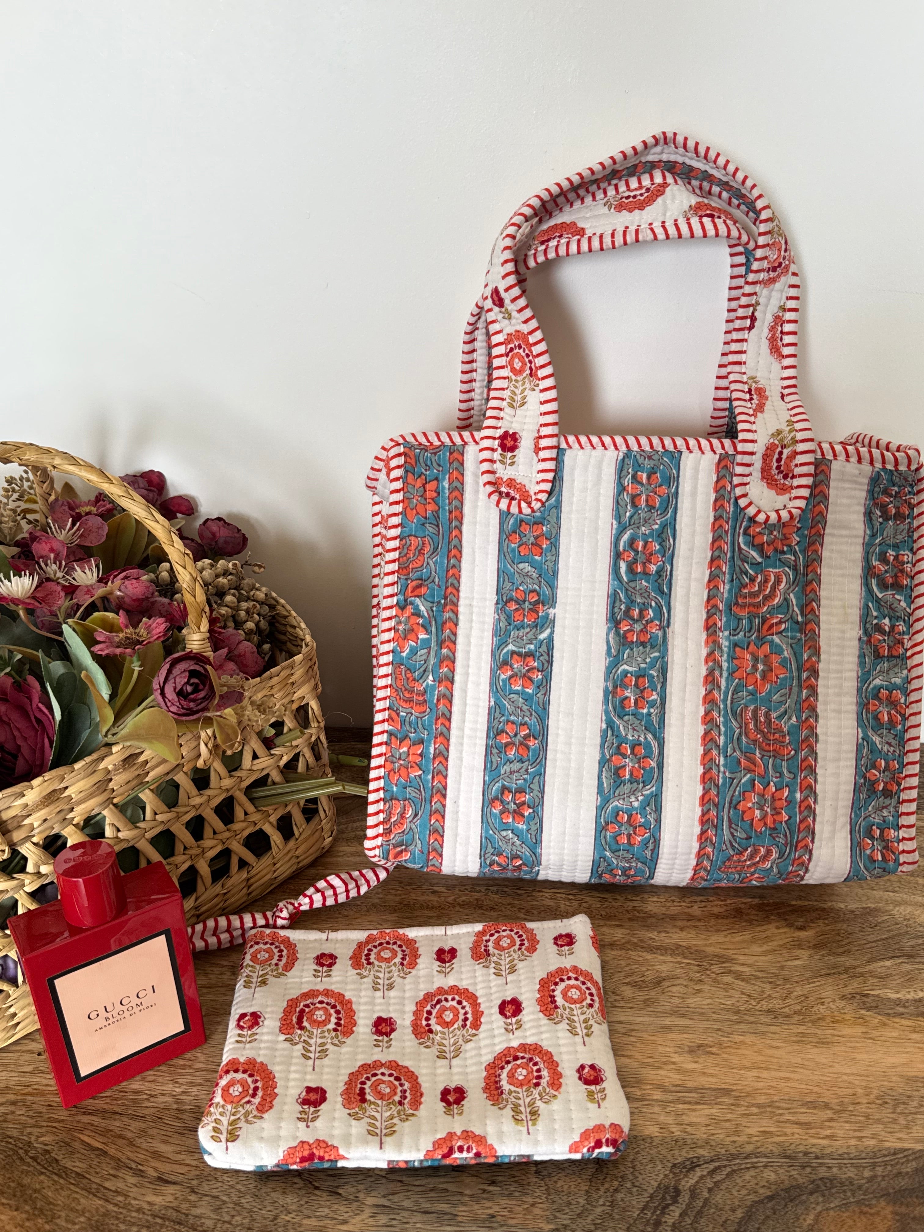 REVERSIBLE MINI TOTE BAG WITH MATCHING FLAT POUCH SET