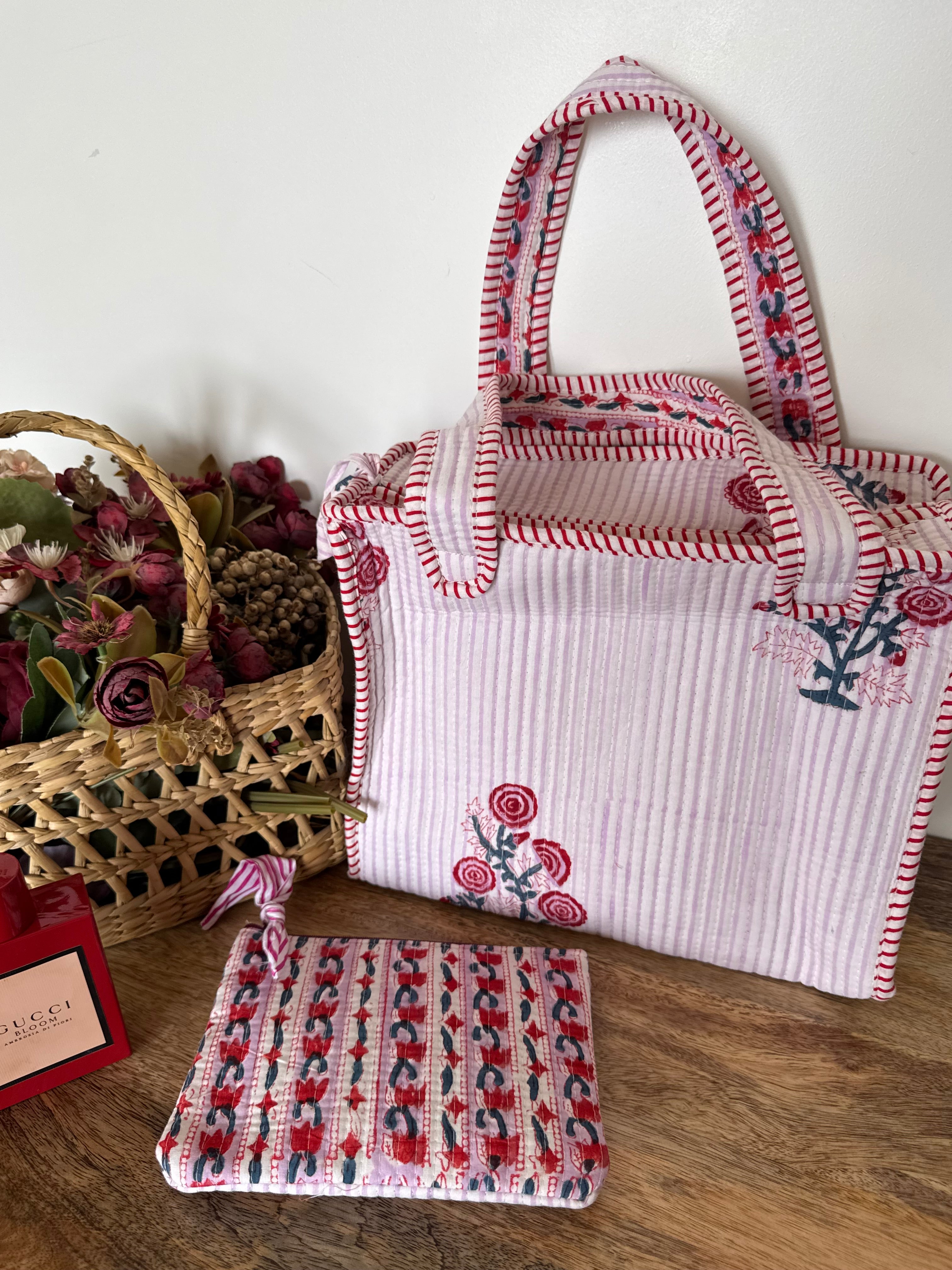 REVERSIBLE MINI TOTE BAG WITH MATCHING FLAT POUCH SET