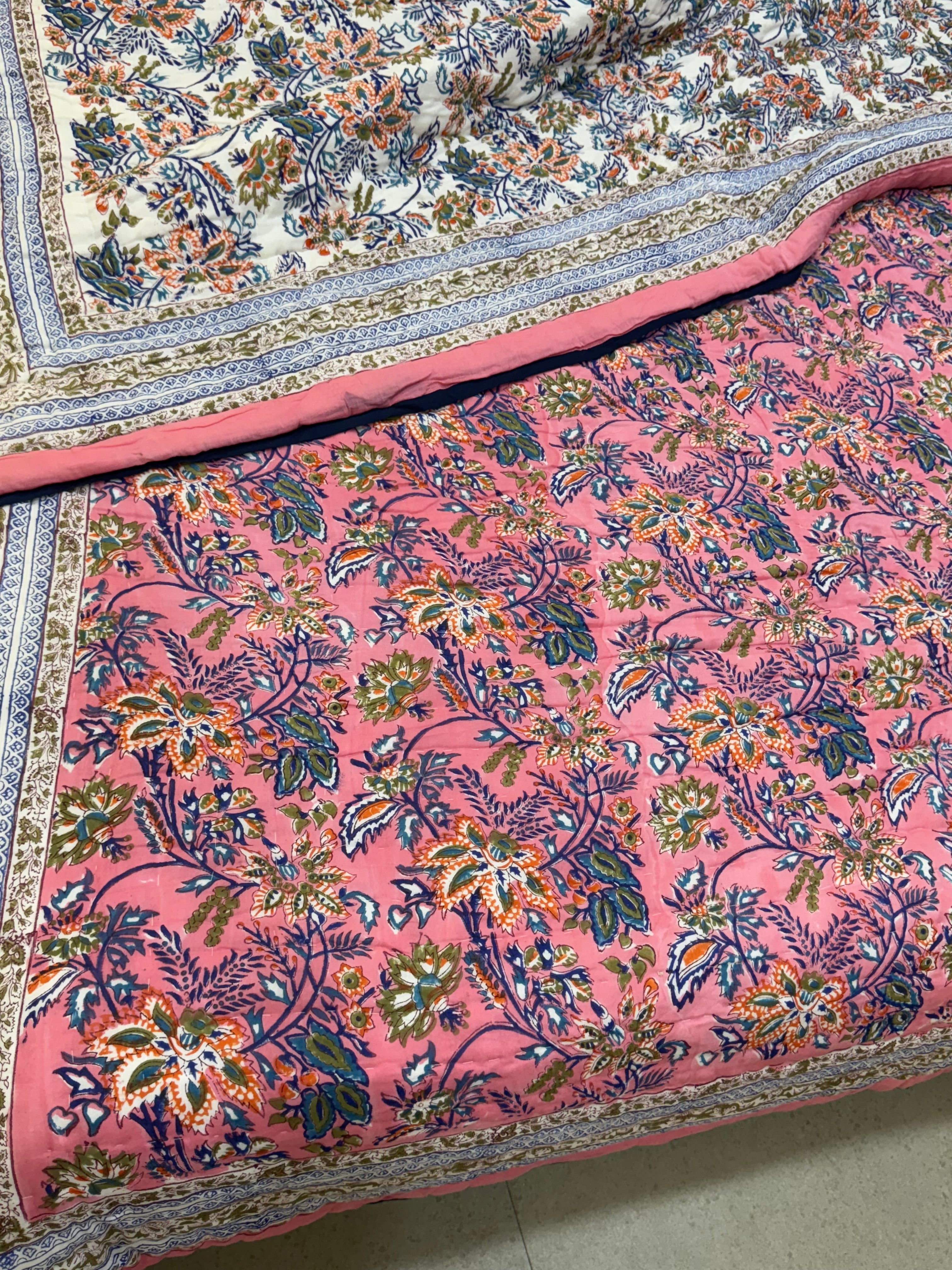 FESTIVE HAND BLOCK PRINTED REVERSIBLE QUILT (DOUBLE BED)
