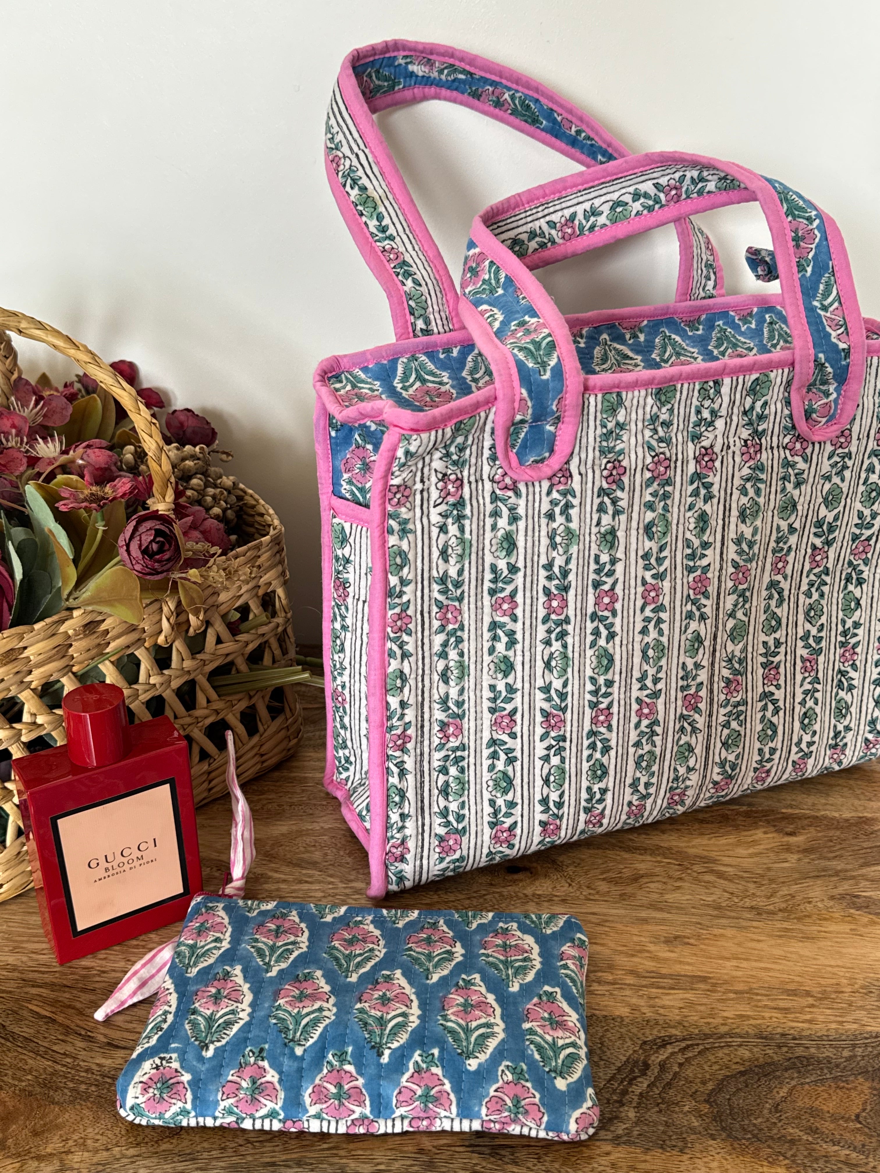 REVERSIBLE MINI TOTE BAG WITH MATCHING FLAT POUCH SET