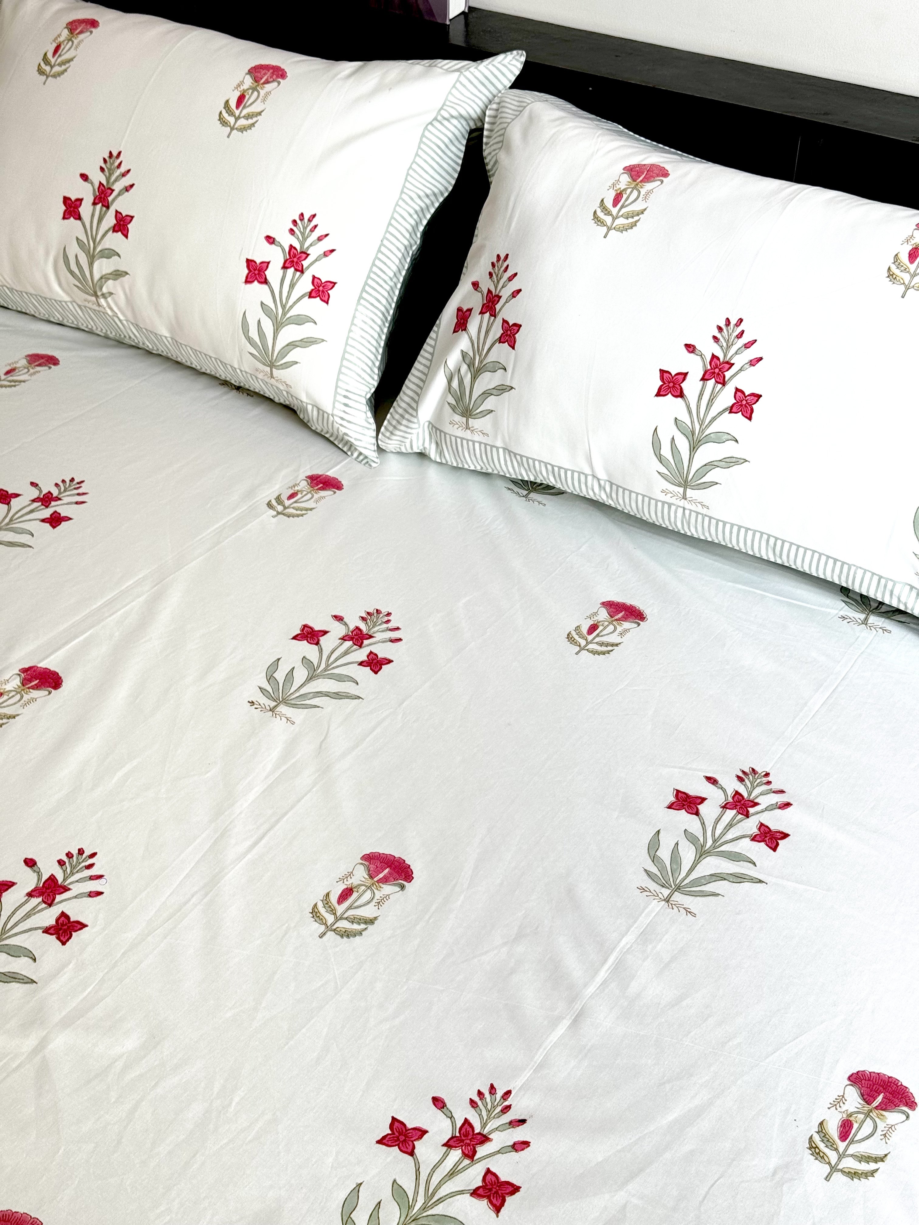 RAAYA HAND BLOCK PRINTED BEDSHEET WITH TWO REVERSIBLE PILLOW COVERS