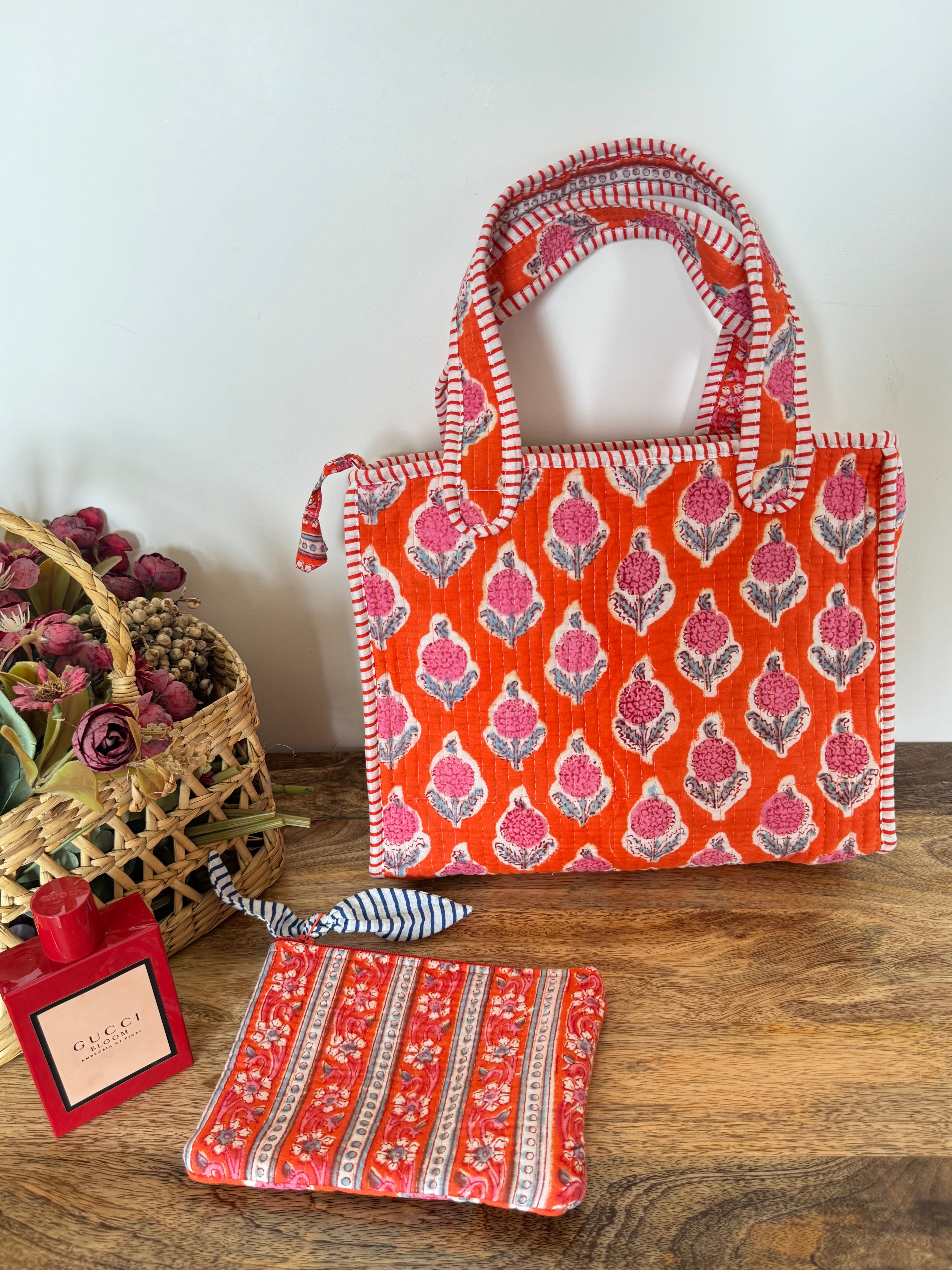 REVERSIBLE MINI TOTE BAG WITH MATCHING FLAT POUCH SET
