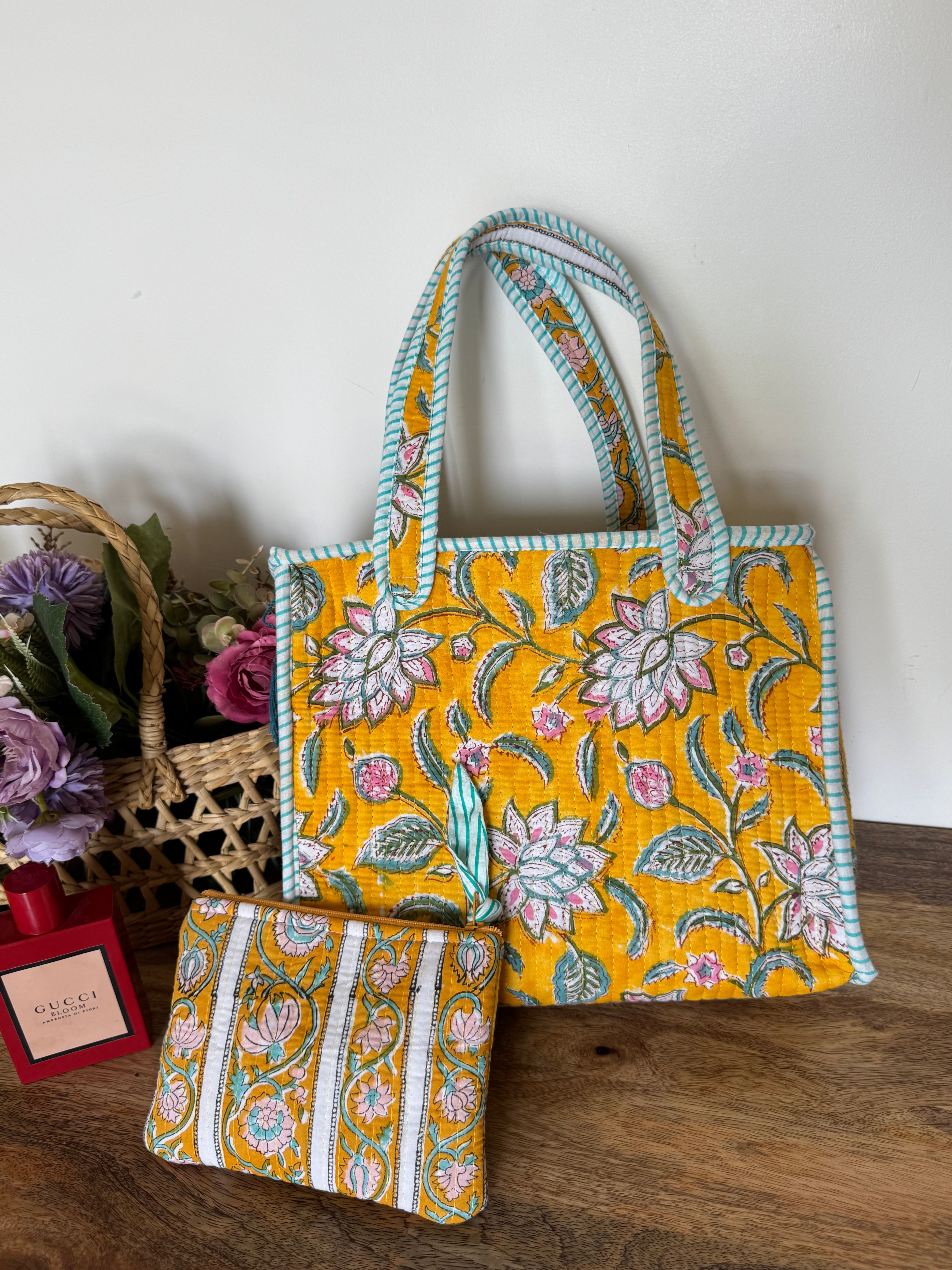 REVERSIBLE MINI TOTE BAG WITH MATCHING FLAT POUCH SET