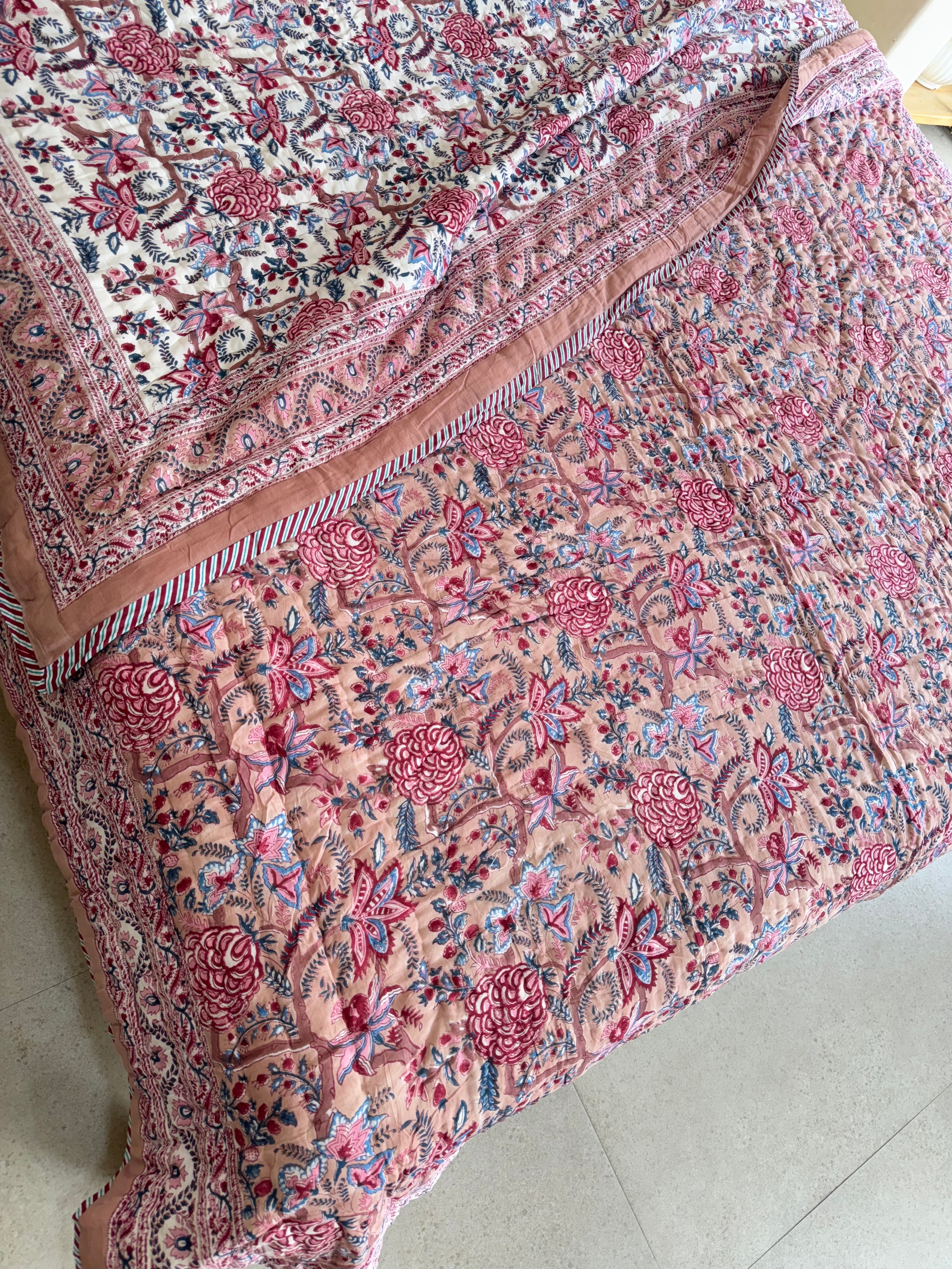 FESTIVE HAND BLOCK PRINTED REVERSIBLE QUILT (DOUBLE BED)