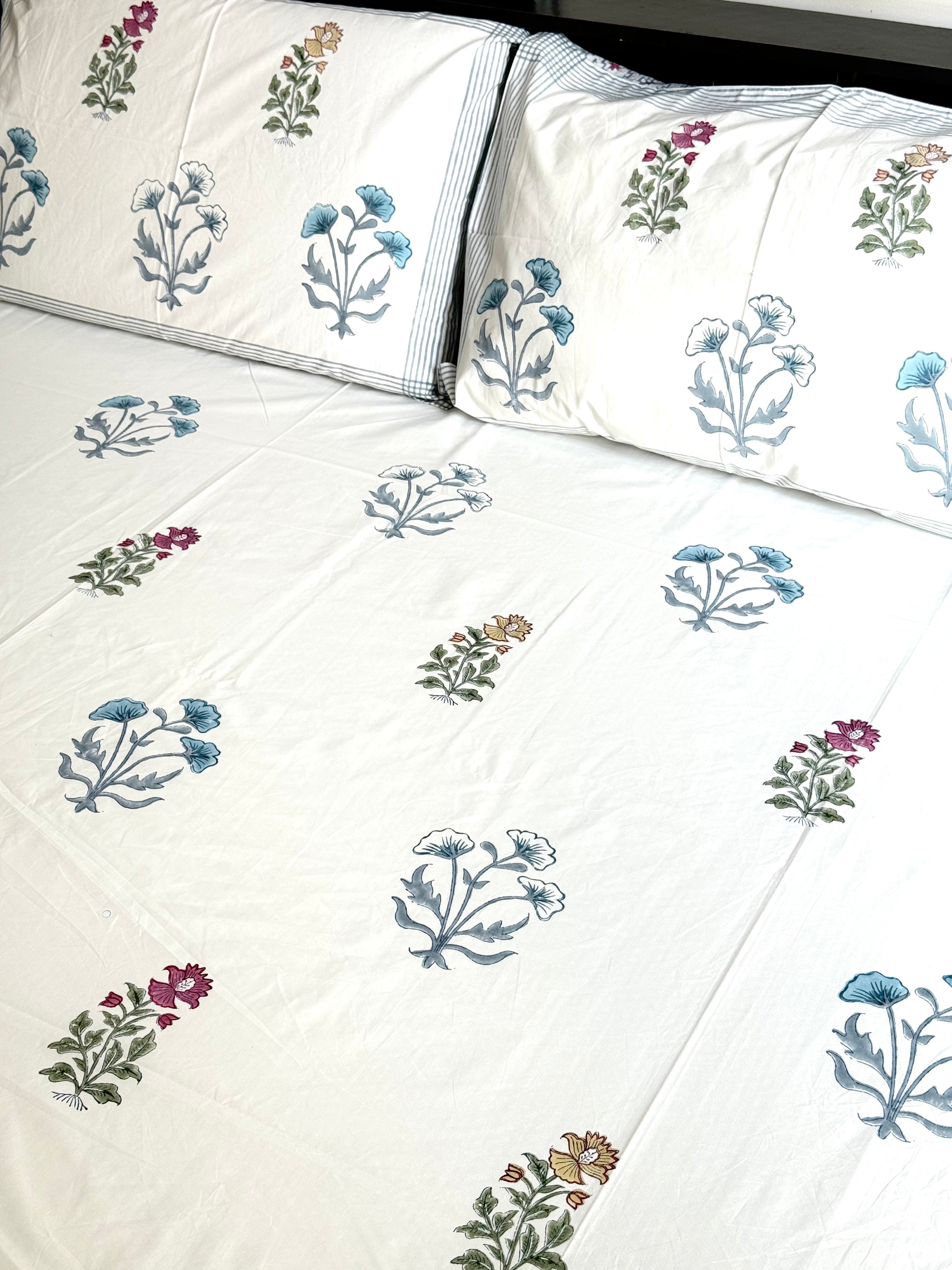 KABIR HAND BLOCK PRINTED BEDSHEET WITH TWO REVERSIBLE PILLOW COVERS