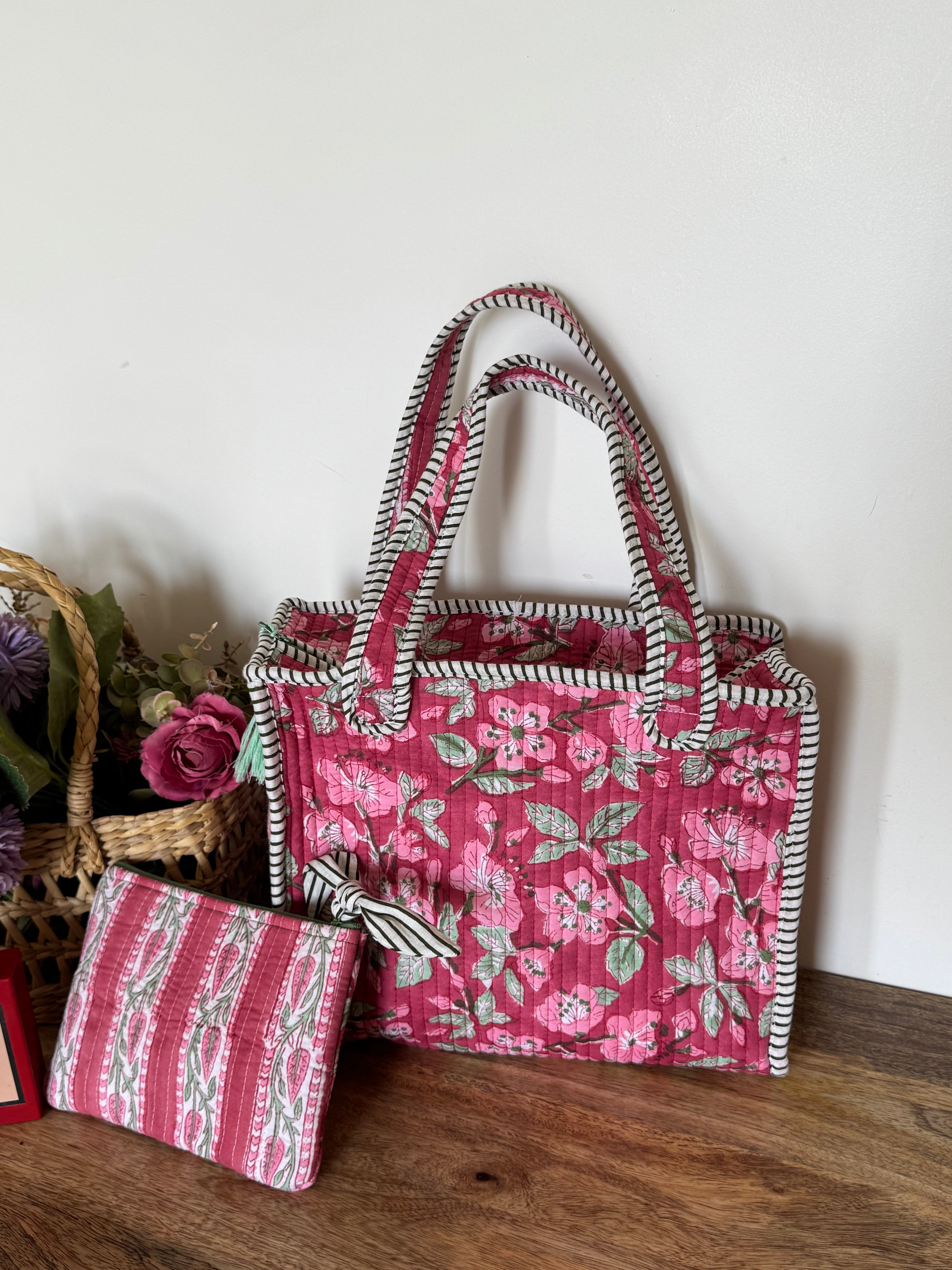 REVERSIBLE MINI TOTE BAG WITH MATCHING FLAT POUCH SET