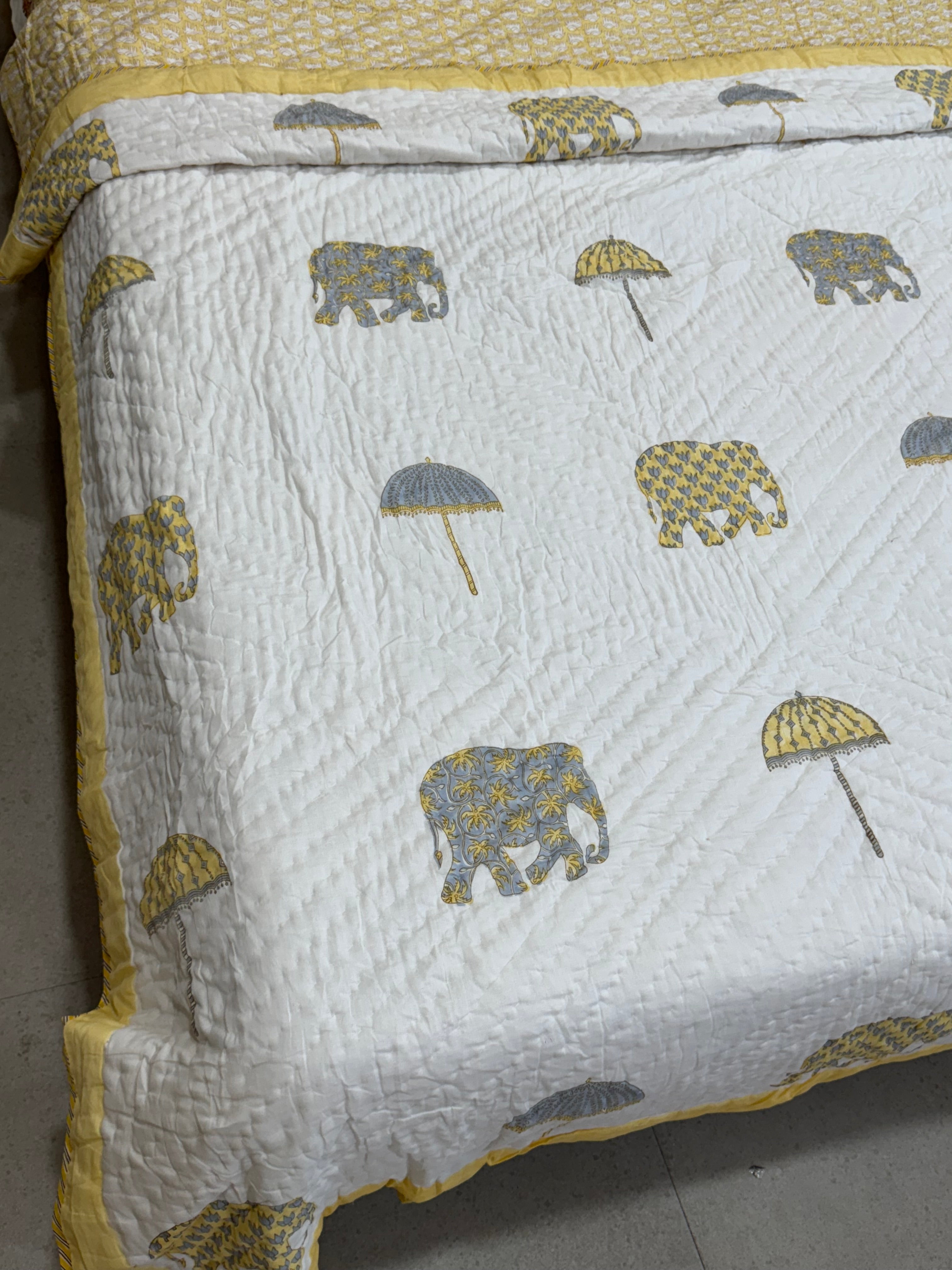 YELLOW ELEPHANT HANDBLOCK PRINTED SINGLE QUILT