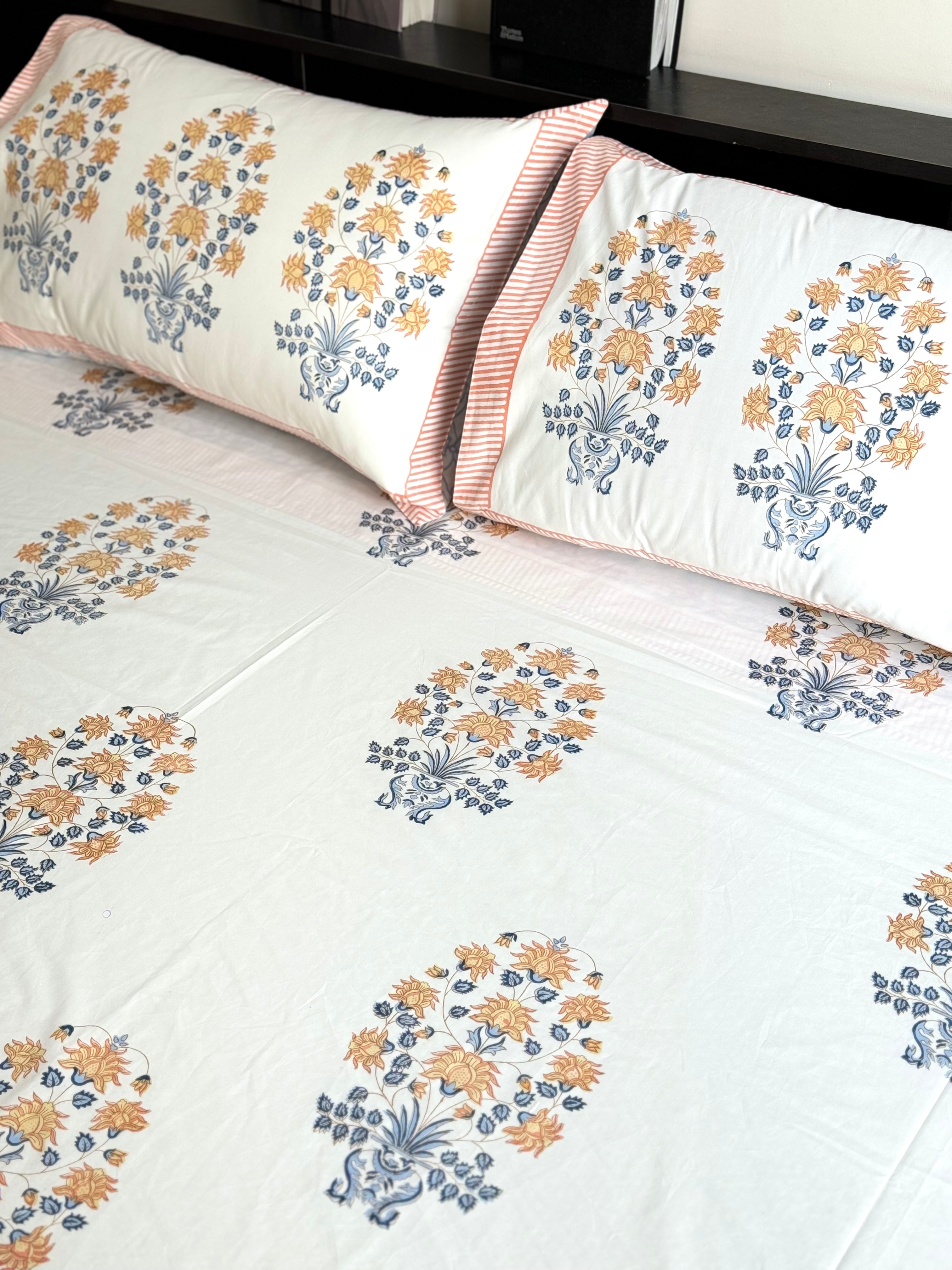 YUGIT HAND BLOCK PRINTED BEDSHEET WITH TWO REVERSIBLE PILLOW COVERS