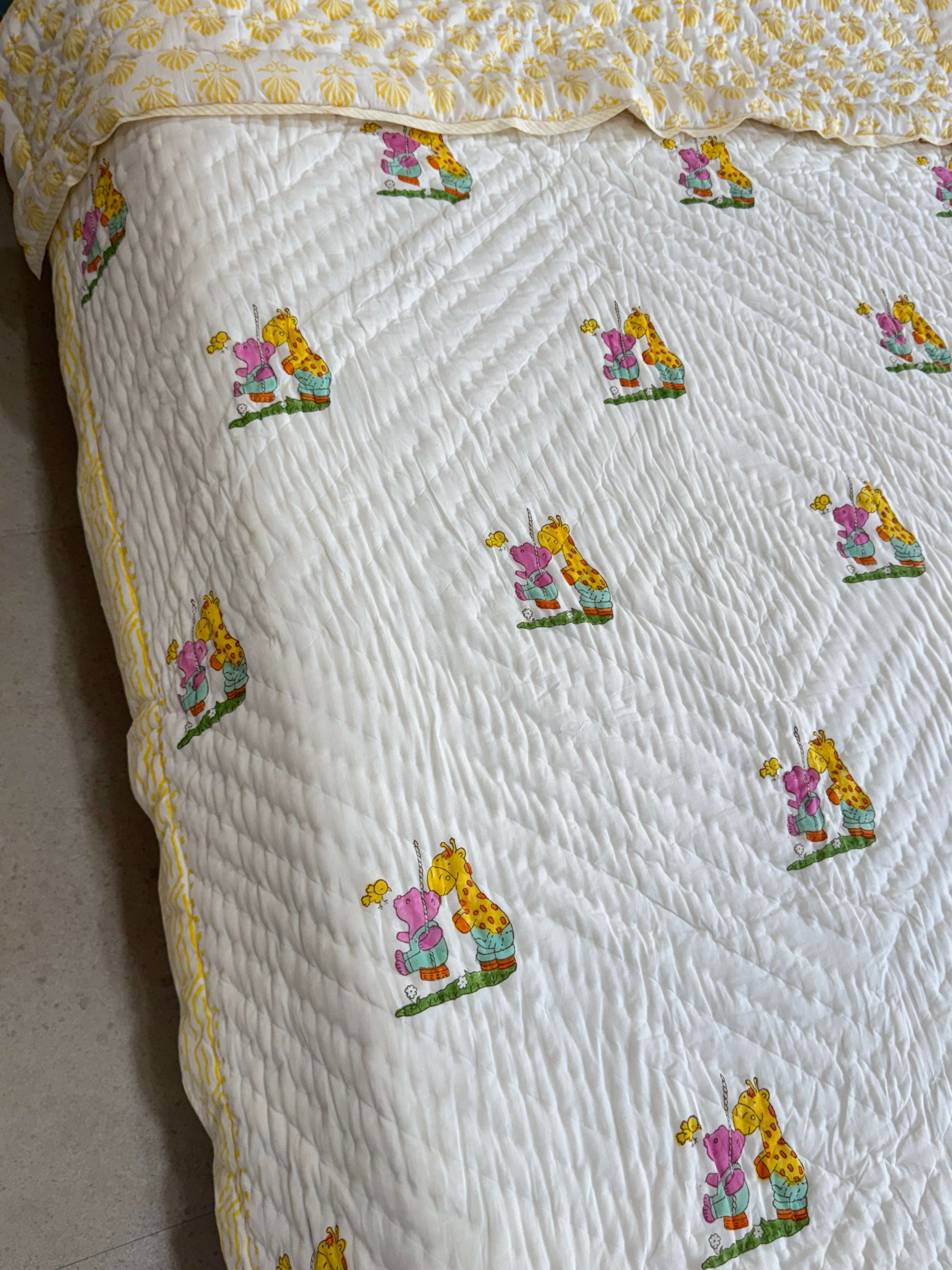 SINGLE BED HANDBLOCK PRINTED REVERSIBLE MULMUL KIDS QUILT (5 years till Adult Size)