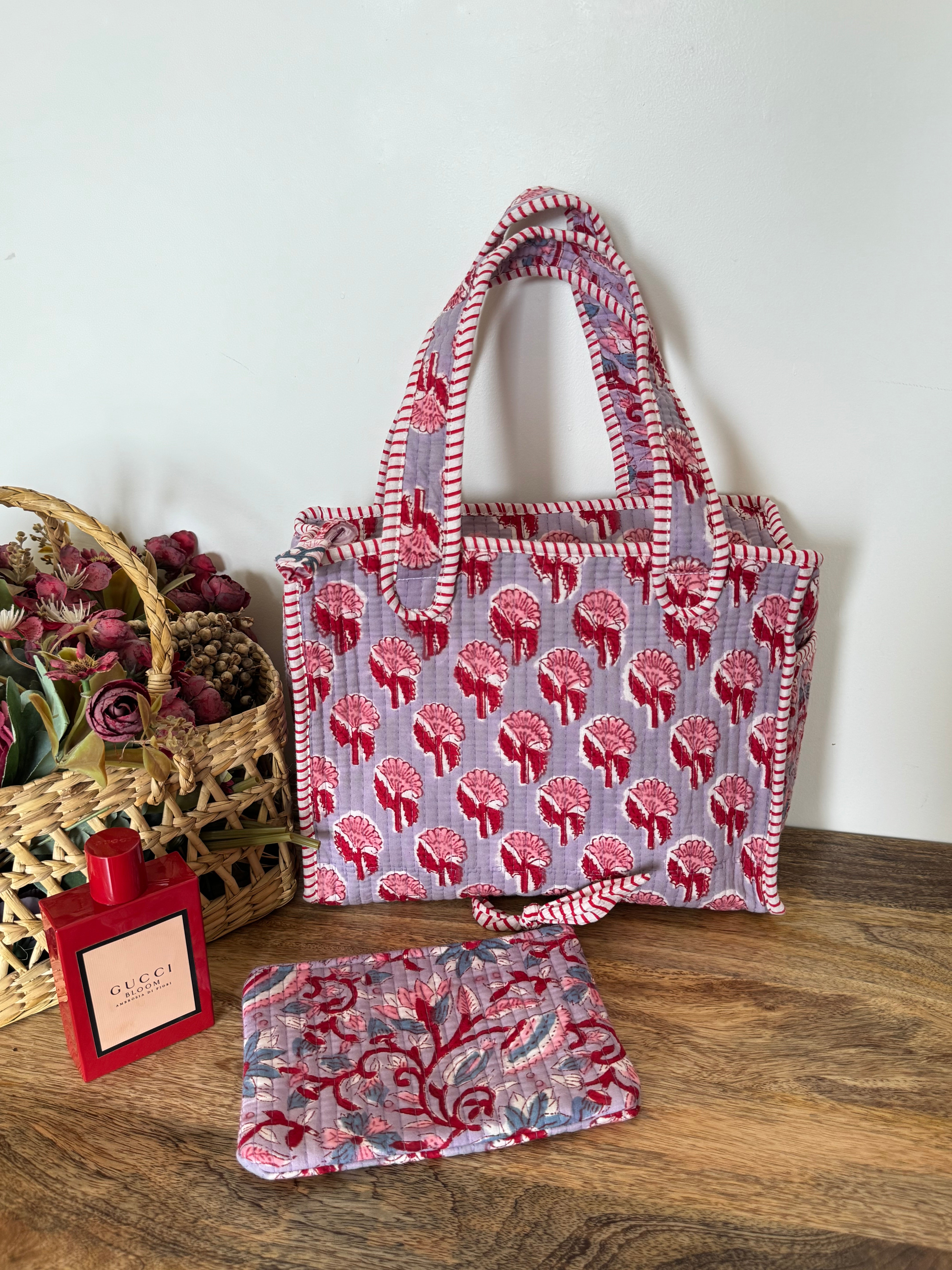 REVERSIBLE MINI TOTE BAG WITH MATCHING FLAT POUCH SET