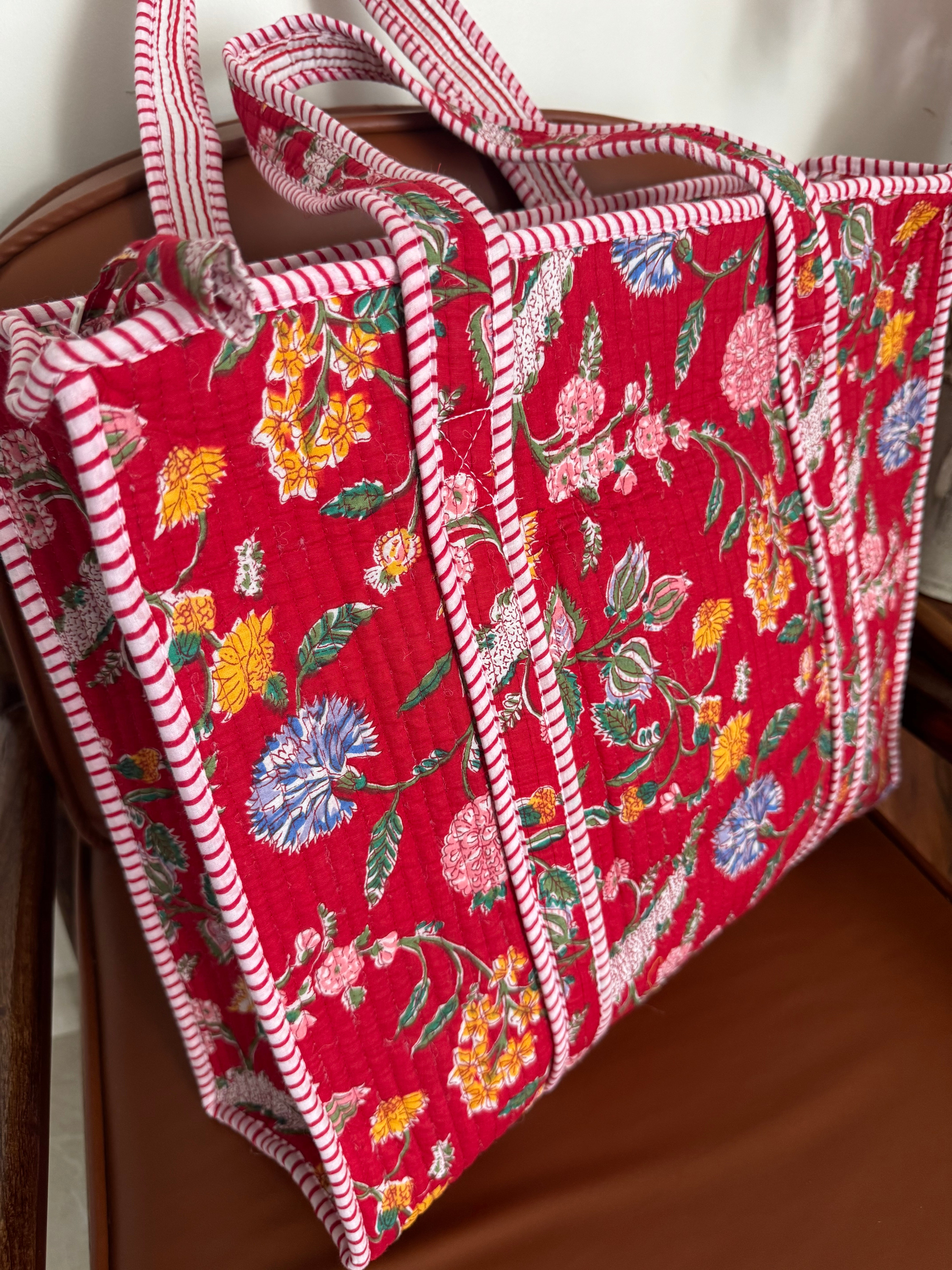 HAND BLOCK PRINTED TOTE BAG WITH ZIP