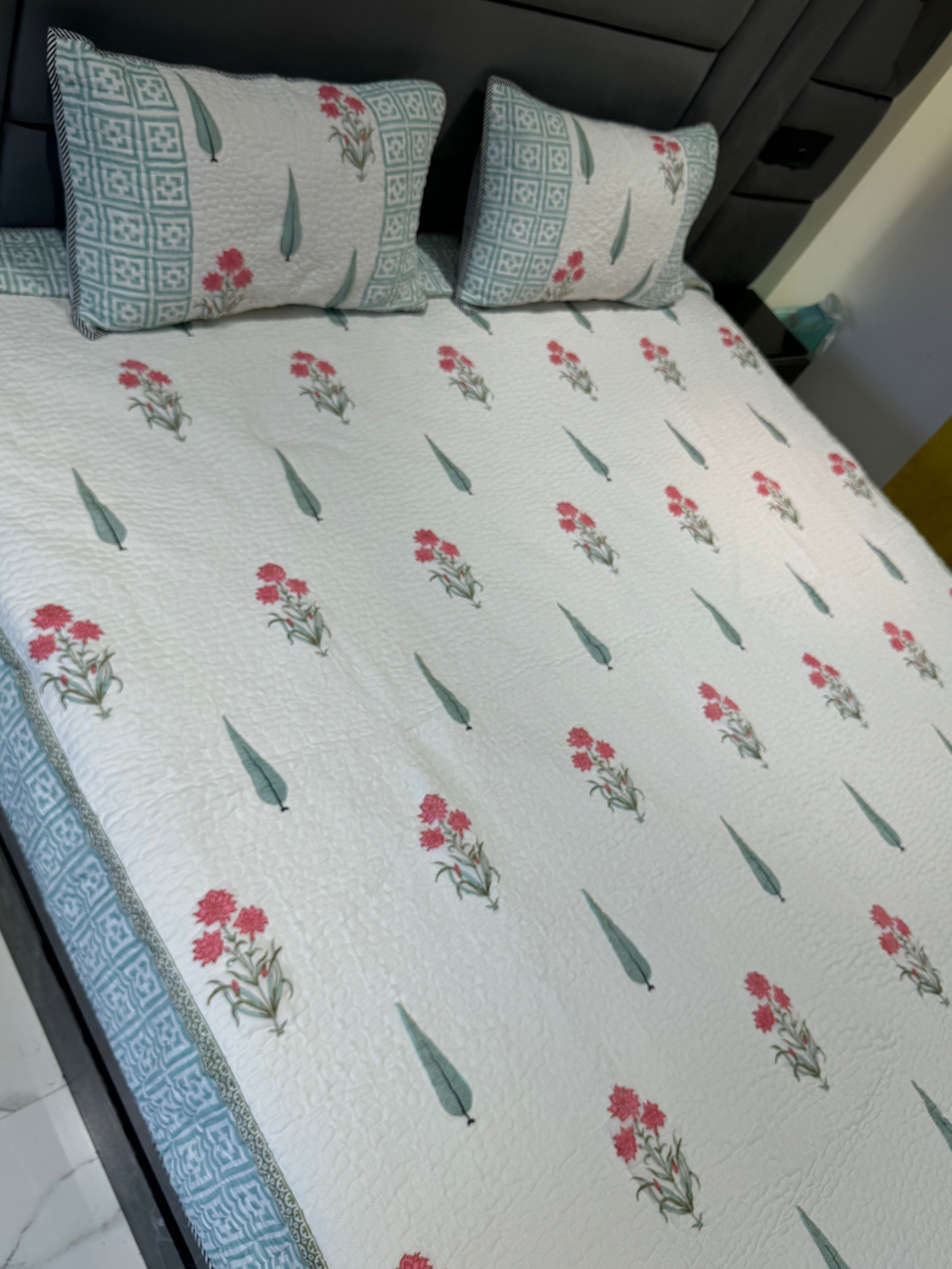 REVERSIBLE HANDBLOCK PRINTED QUILTED BEDCOVER